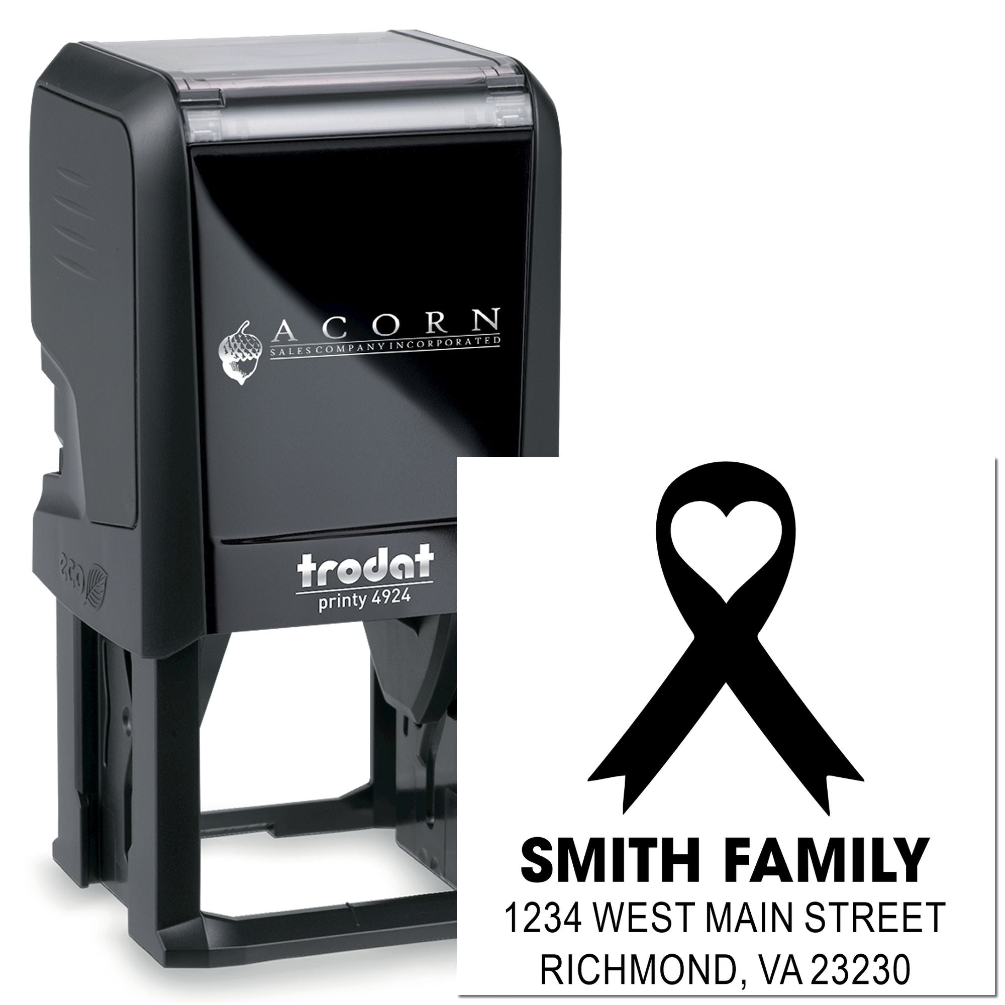 Trodat self-inking rubber address stamp with custom Smith Family ribbon logo and return address.