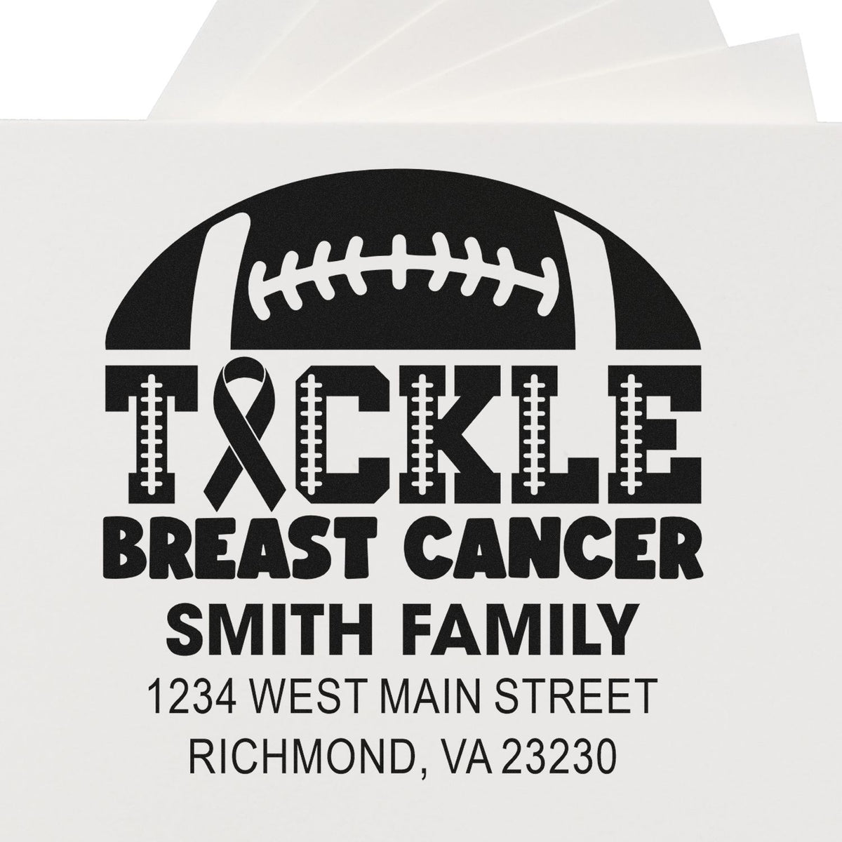 Custom football-themed breast cancer awareness rubber address stamp with Tackle Breast Cancer, Smith Family name, and mailing address.