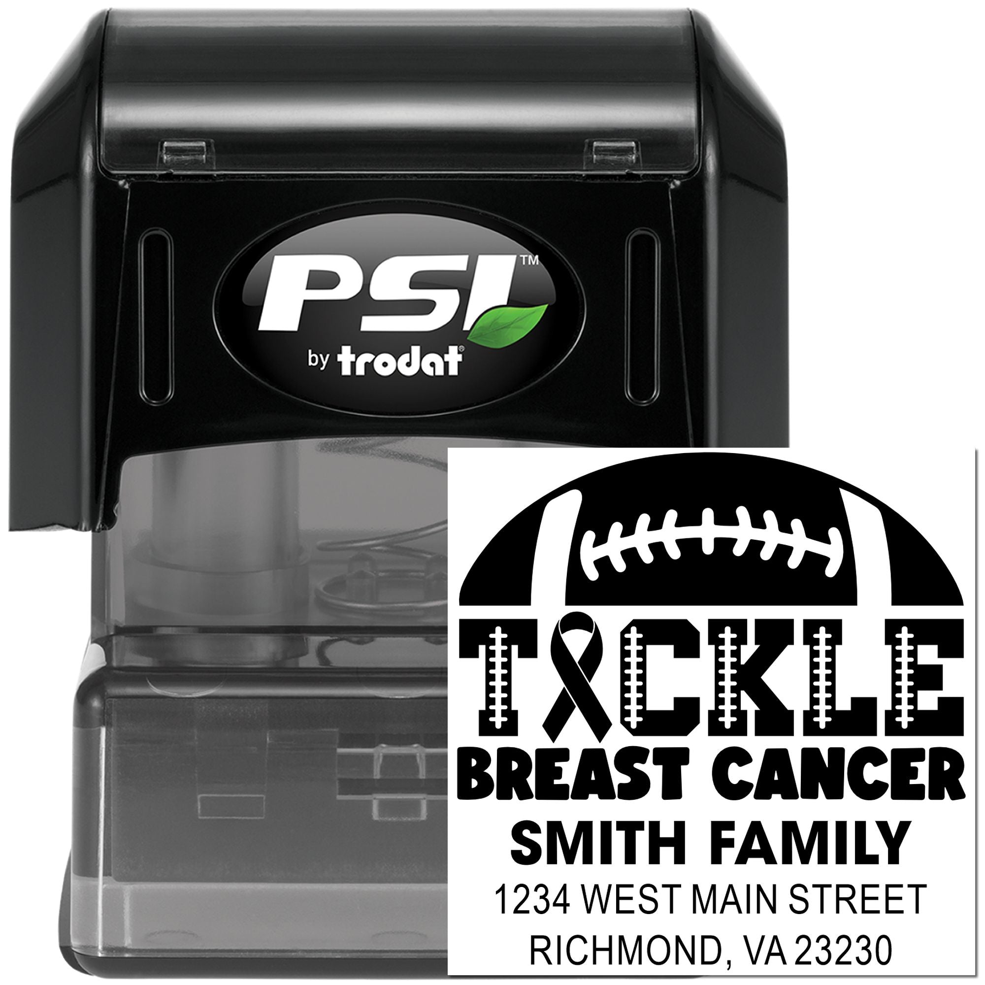 Trodat self-inking rubber stamp for breast cancer awareness, featuring football ribbon design and Smith Family return address.
