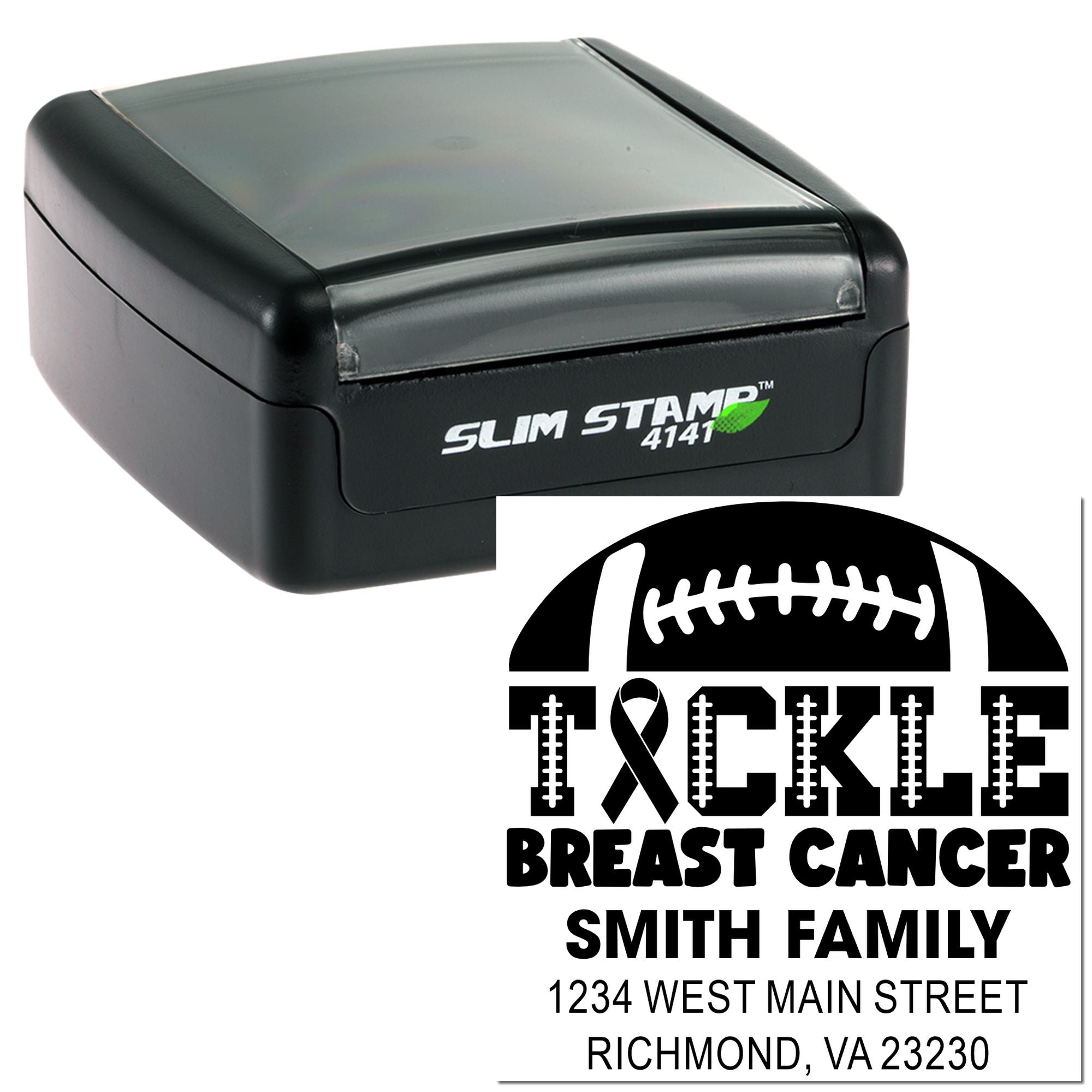Custom self-inking rubber stamp with breast cancer awareness football design, family name, and address for personalized mailing