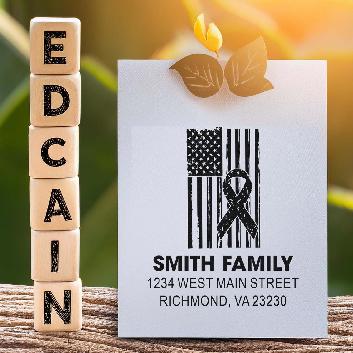 Custom family return address rubber stamp with patriotic ribbon design for personalized envelopes and cards.