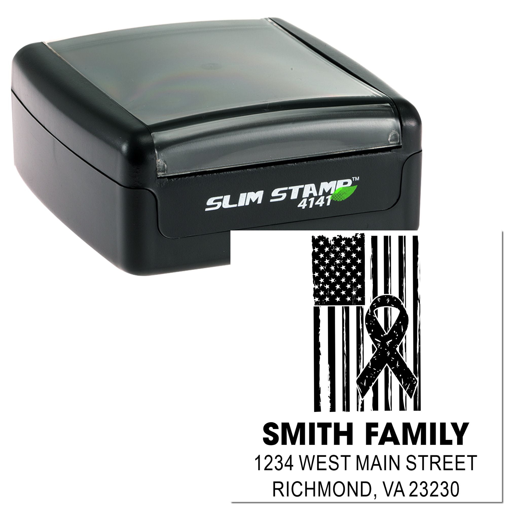Custom self-inking rubber stamp with patriotic family address design, featuring an American flag and ribbon.
