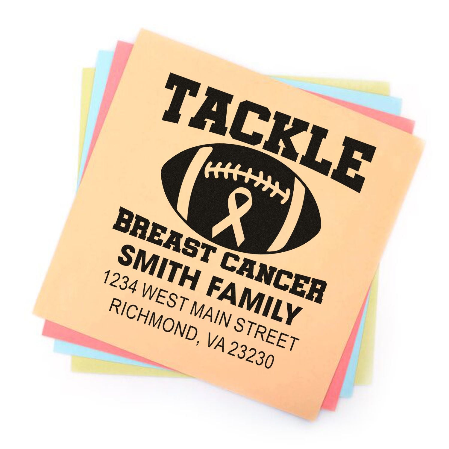 Personalized rubber stamp for breast cancer awareness with tackle football theme and Smith family return address.