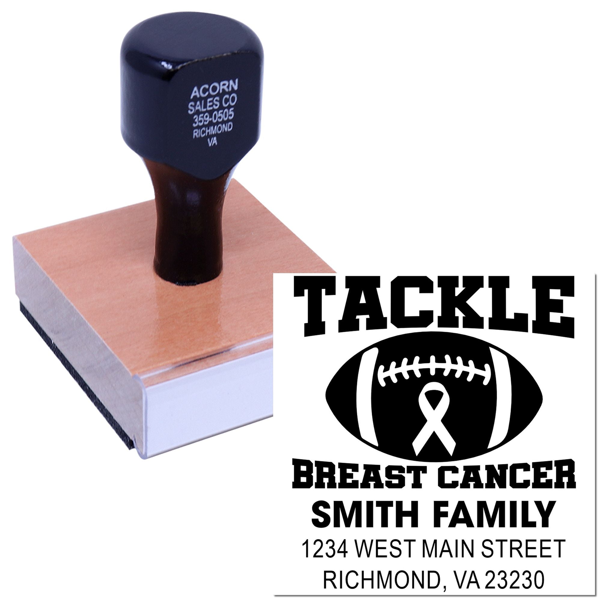 Custom rubber stamp showing Tackle Breast Cancer football design and Smith Family address for awareness mailings.