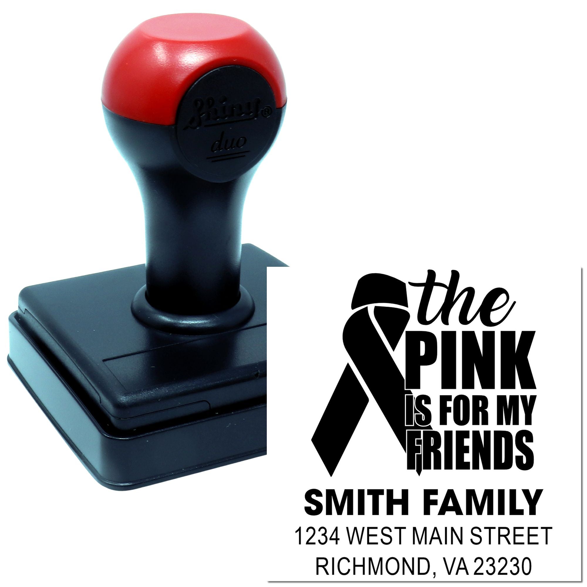Custom rubber stamp with pink breast cancer awareness ribbon and family address for personalized the pink is for my friends design.