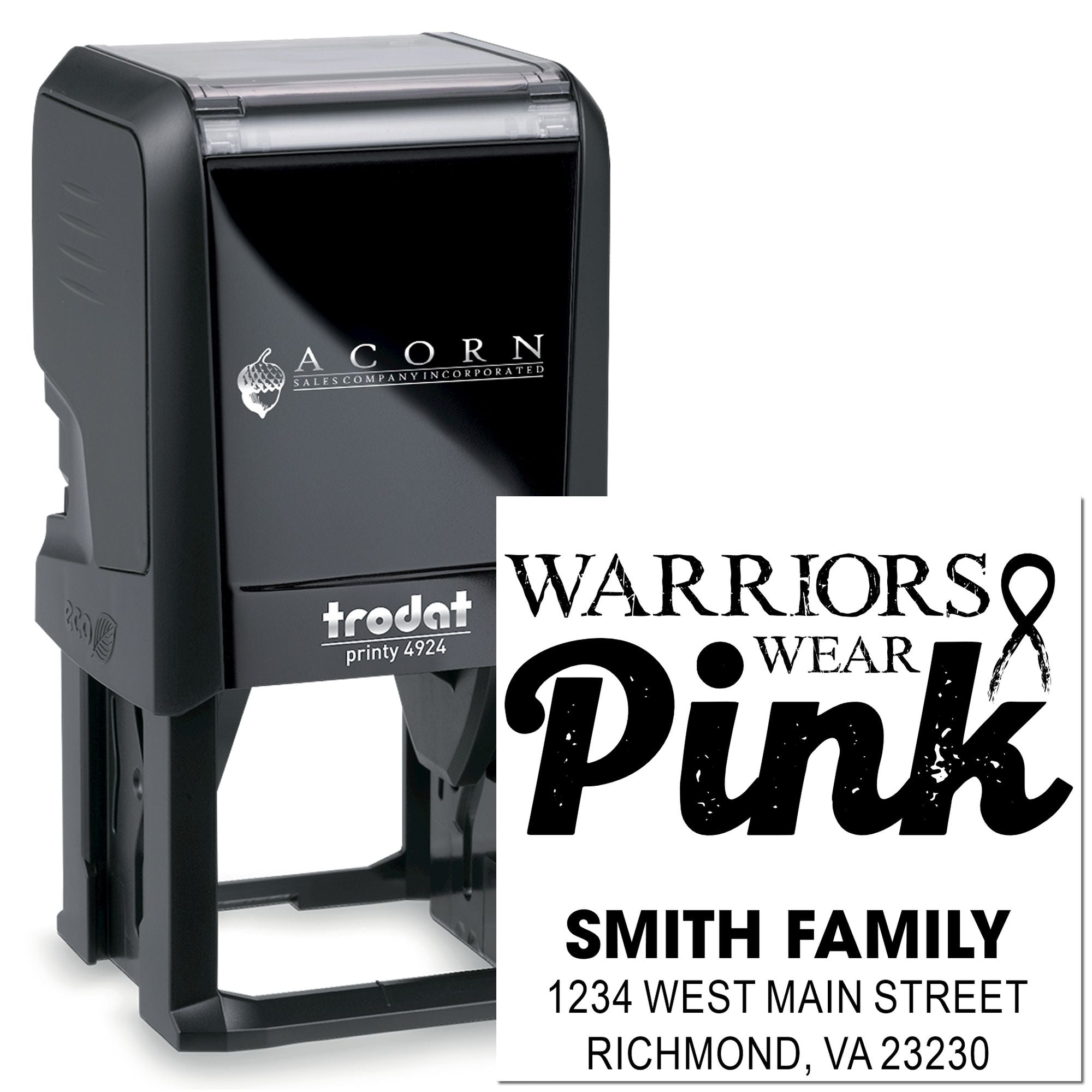 Custom self-inking rubber stamp with Warriors Wear Pink design and Smith family address imprint for personalized mailing