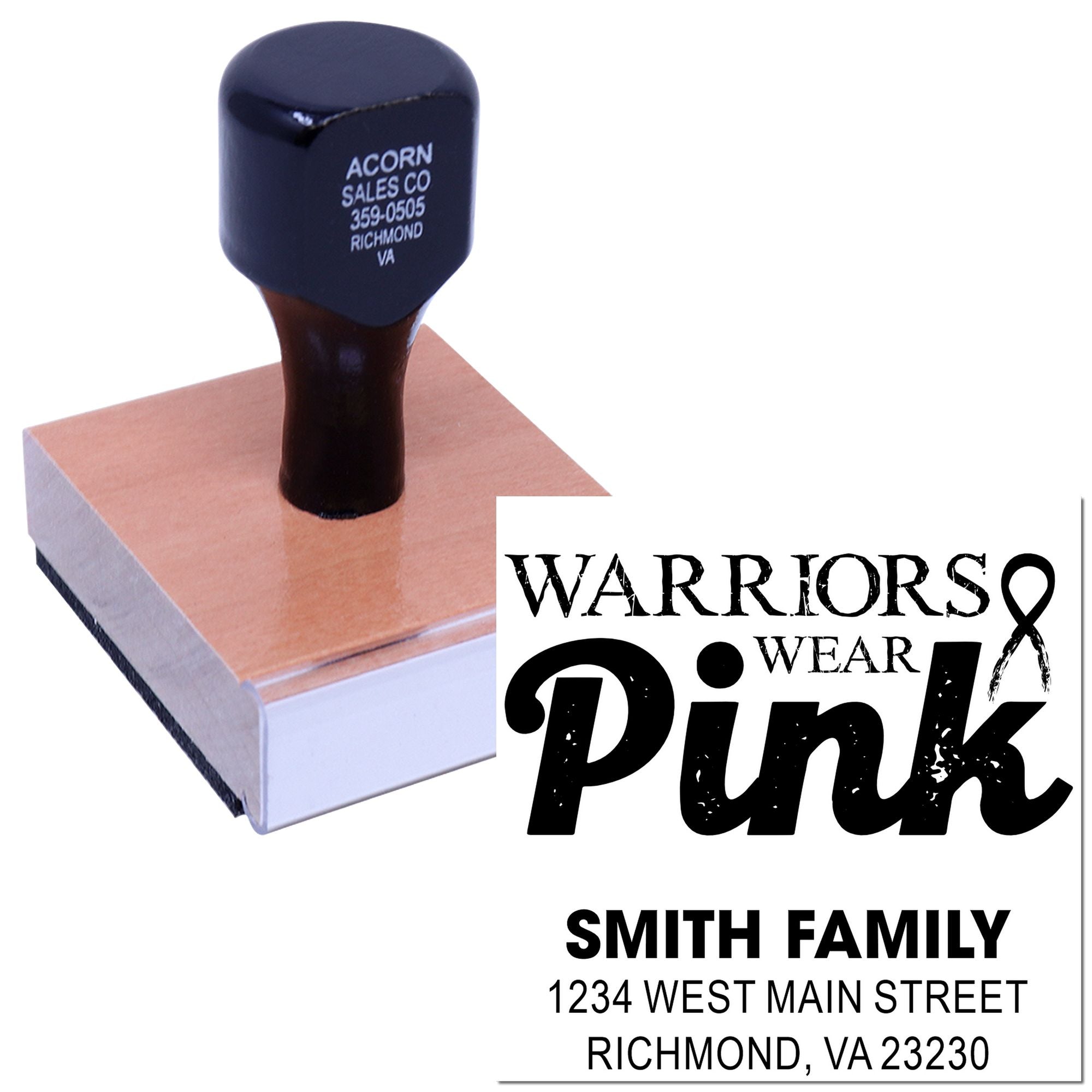 Custom rubber stamp for Warriors Wear Pink breast cancer awareness and Smith Family address stamp.