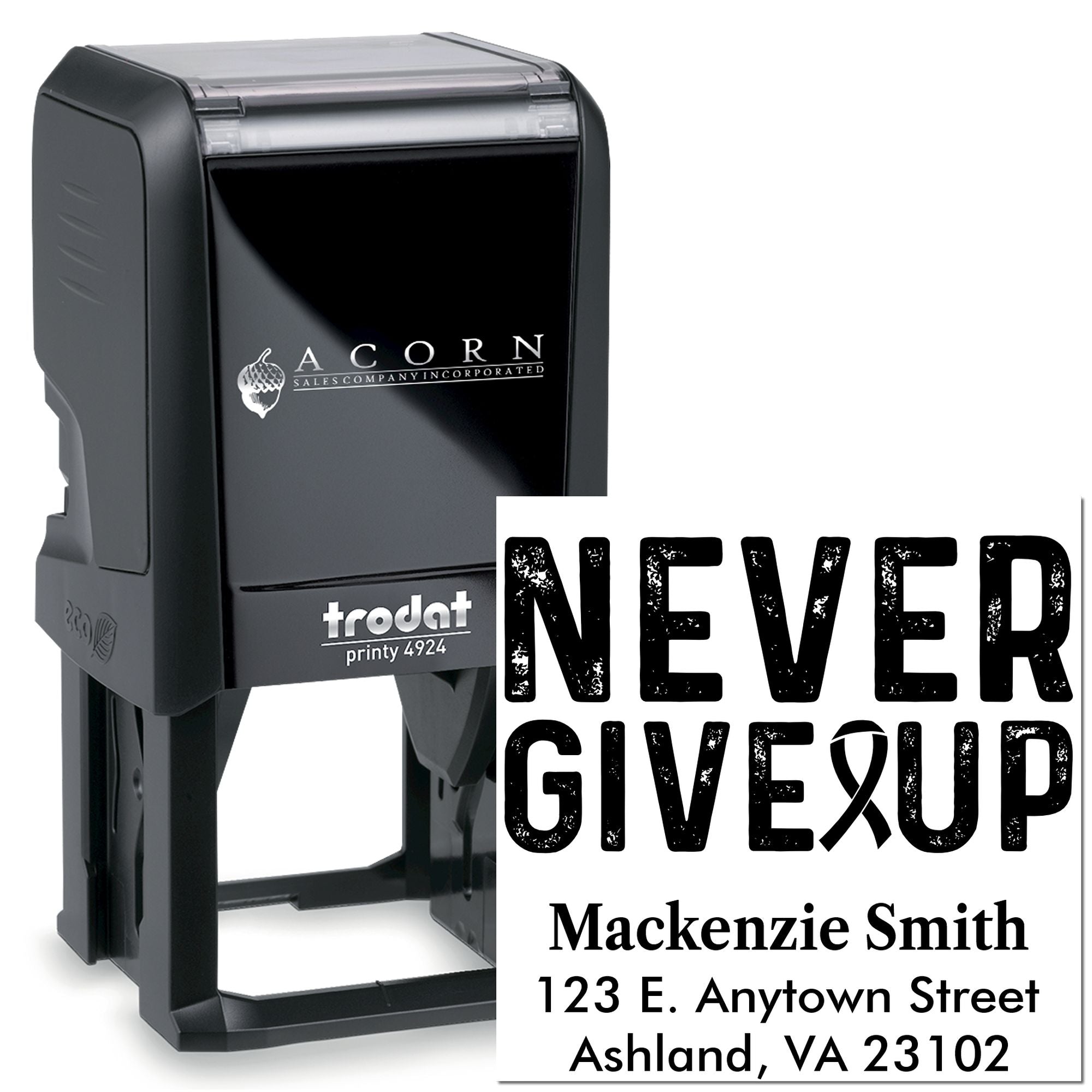 Custom self-inking rubber stamp, Trodat Printy 4924, with Never Give Up message and address imprint for business branding.