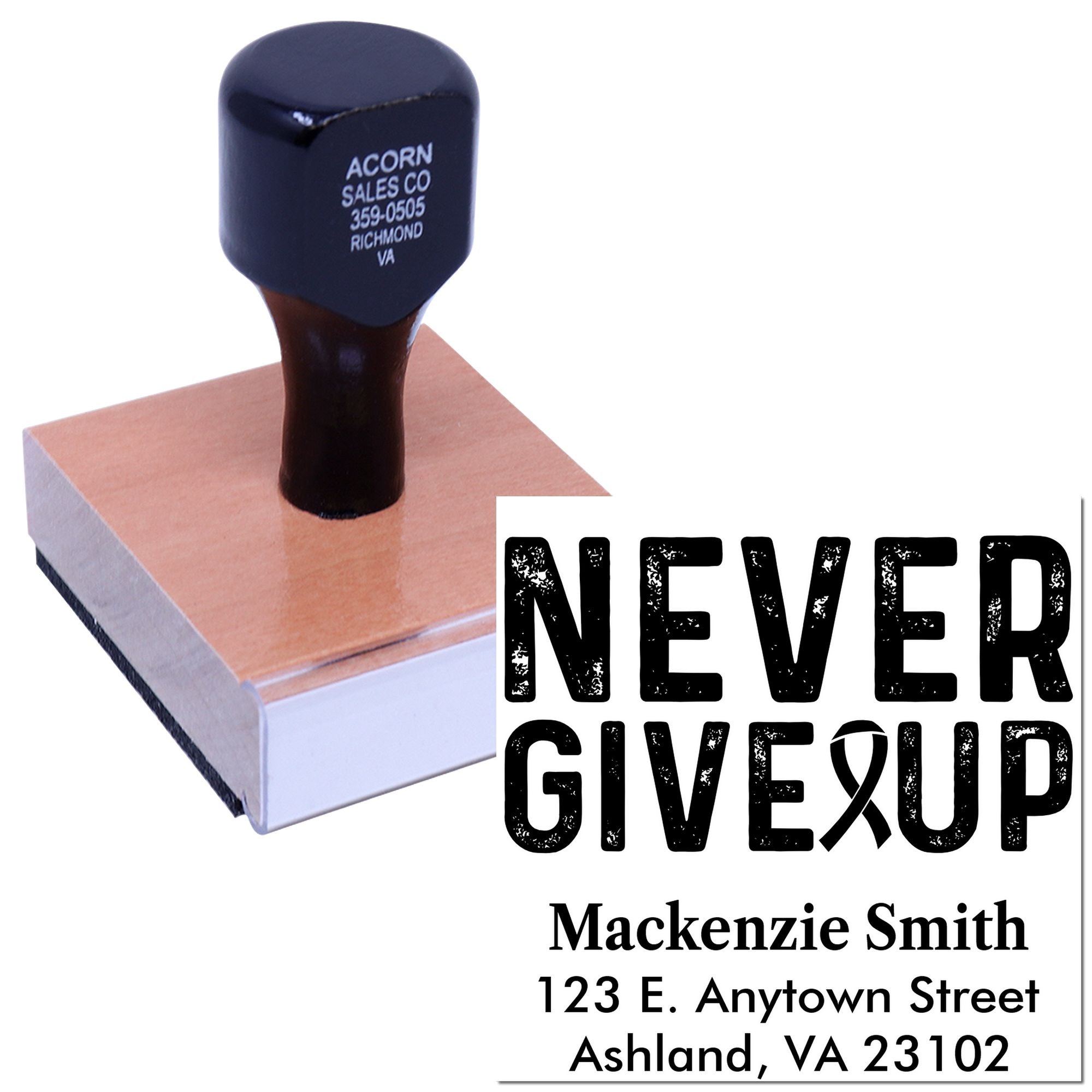Custom rubber stamp with Never Give Up and Mackenzie Smith return address, ideal for personalized business mailings.
