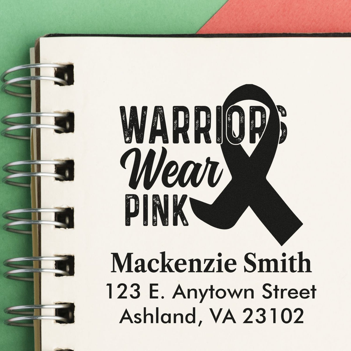 Custom awareness rubber stamp with pink ribbon, Warrior Wear Pink message, and personalized return address for Mackenzie Smith.