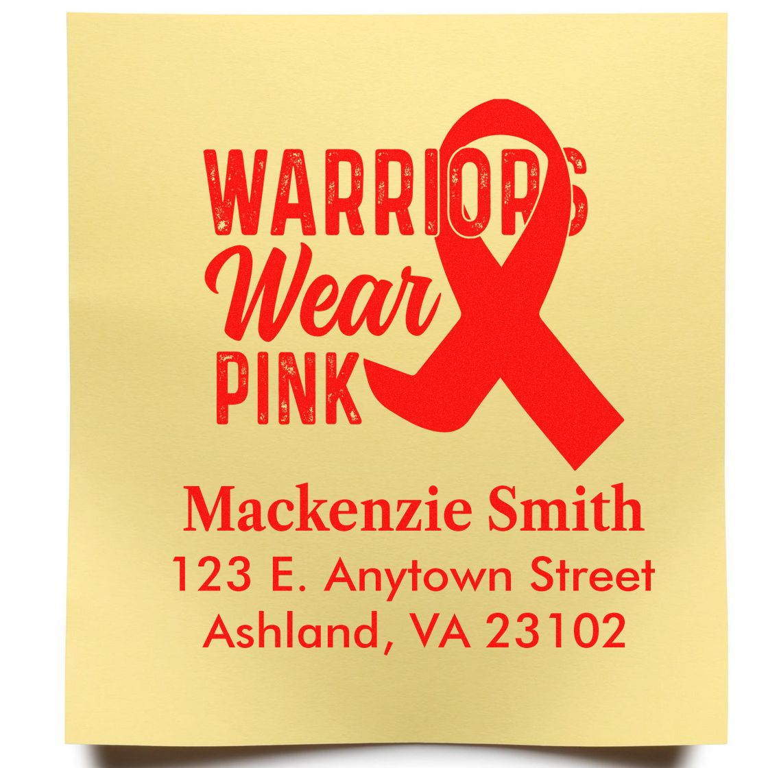 Custom rubber stamp for breast cancer awareness with Warriors Wear Pink ribbon and personalized name and address.