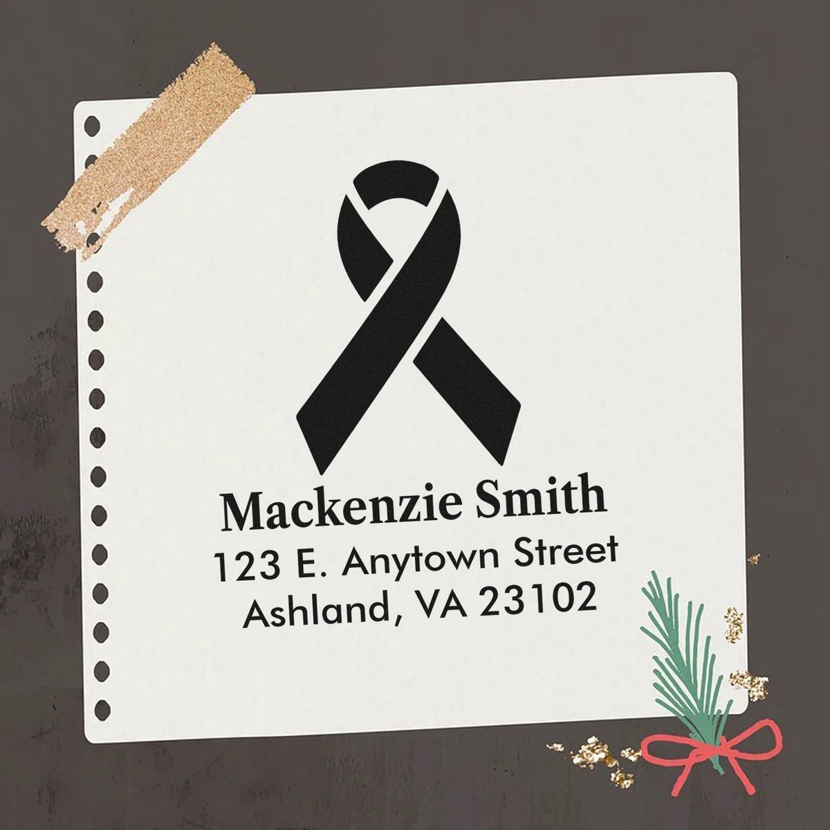 Personalized return address rubber stamp with black awareness ribbon for Mackenzie Smith, Ashland, VA.