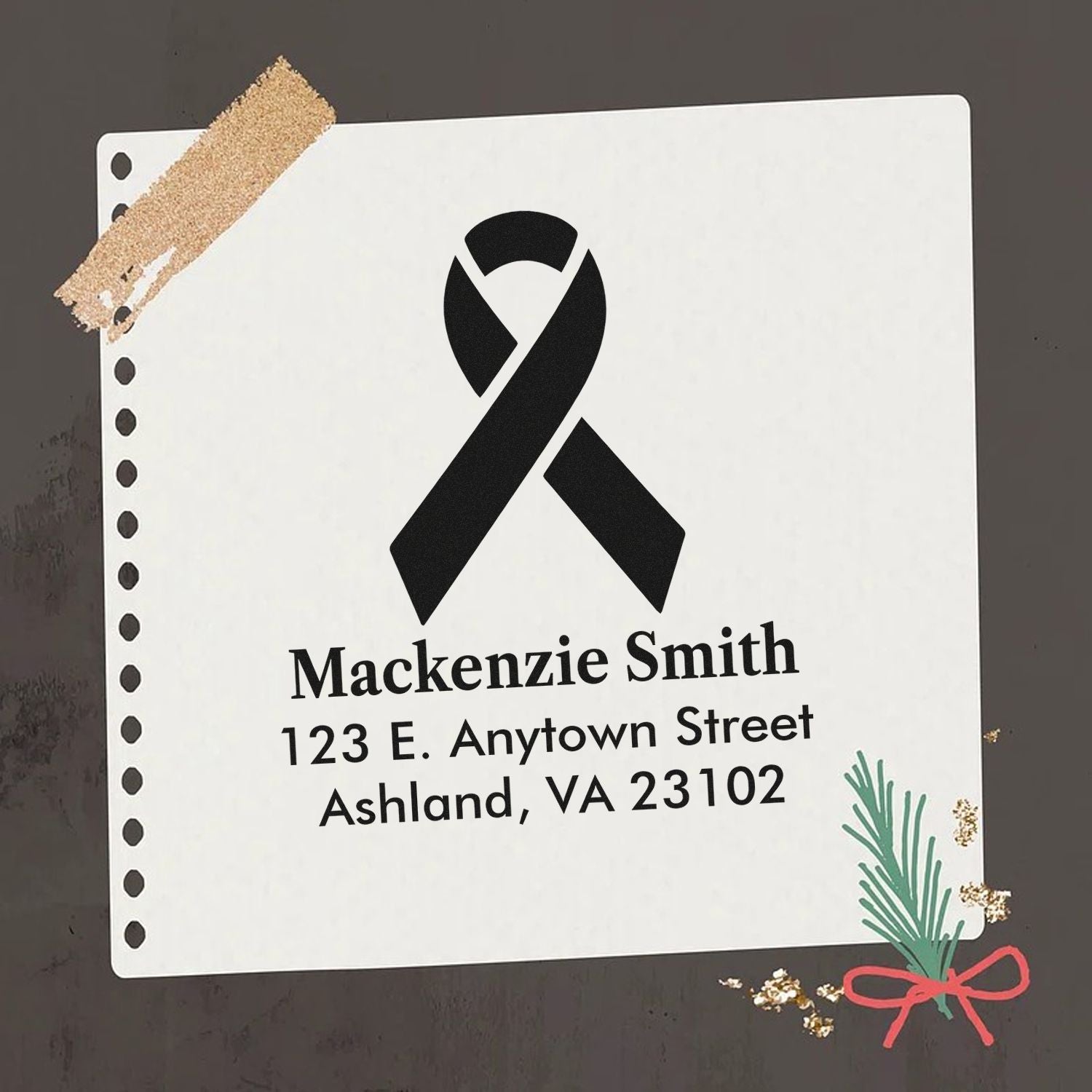 Personalized return address rubber stamp with awareness ribbon for mailing, memorial, or cause-related correspondence.