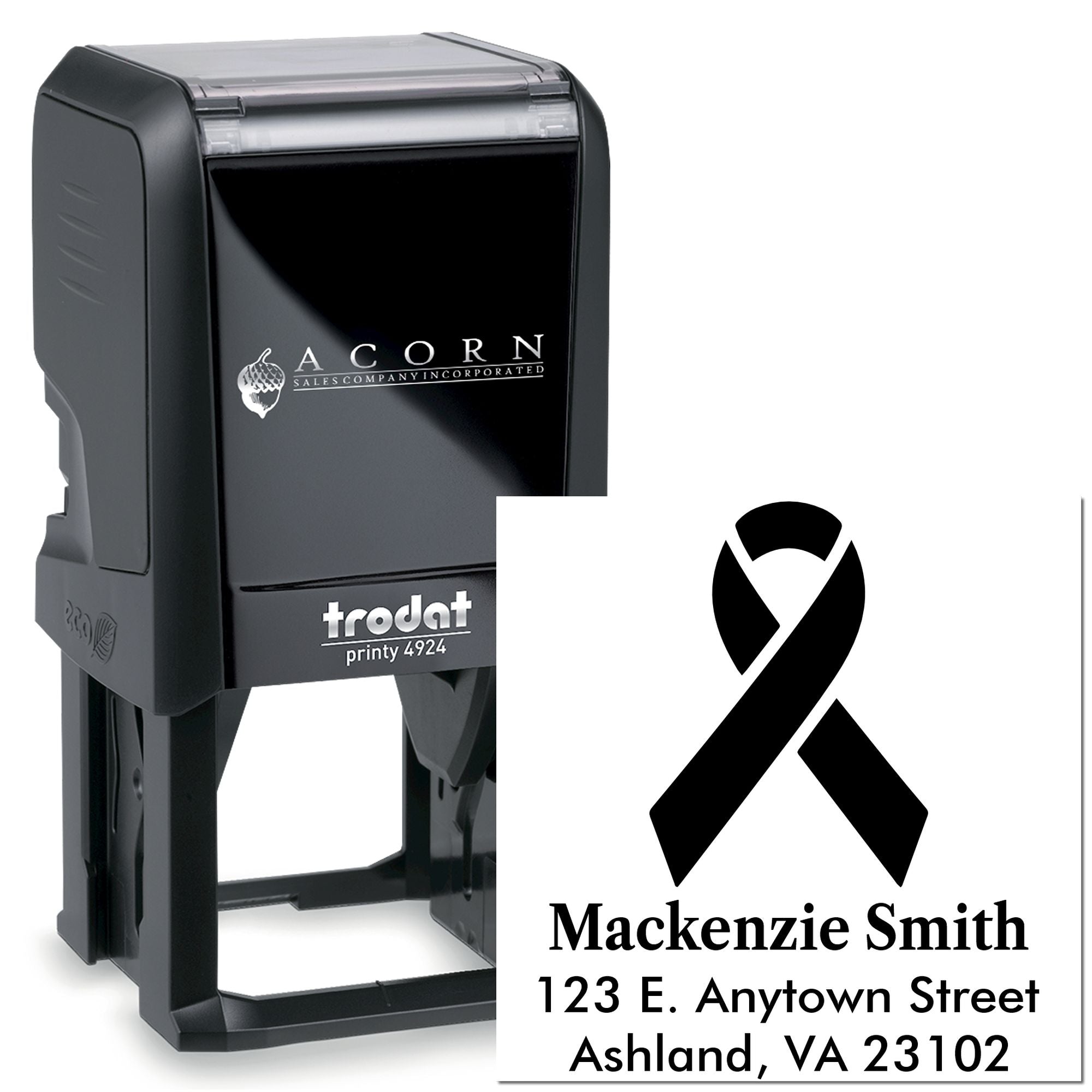 Custom self-inking rubber stamp with awareness ribbon logo and Mackenzie Smith return address.