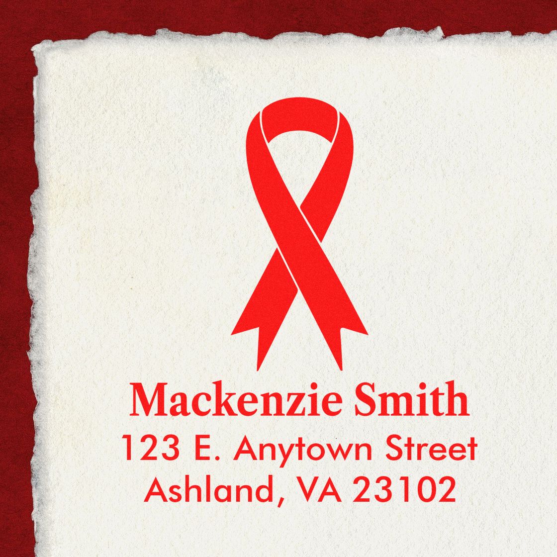 Personalized rubber stamp with red awareness ribbon for Mackenzie Smith return address, Ashland, VA.