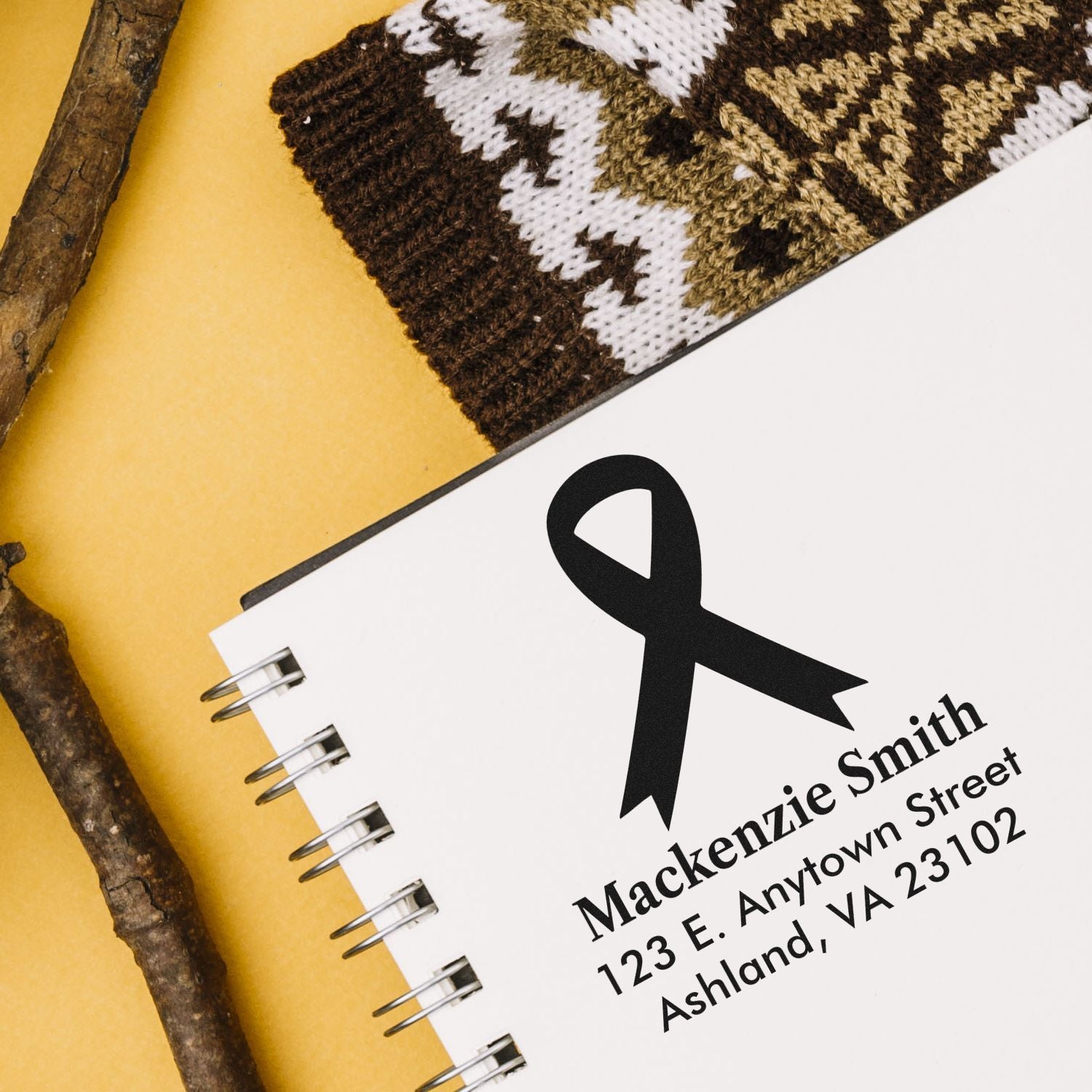 Custom ribbon return address rubber stamp with Mackenzie Smith address, ideal for stationery, wedding invites, and business mail.