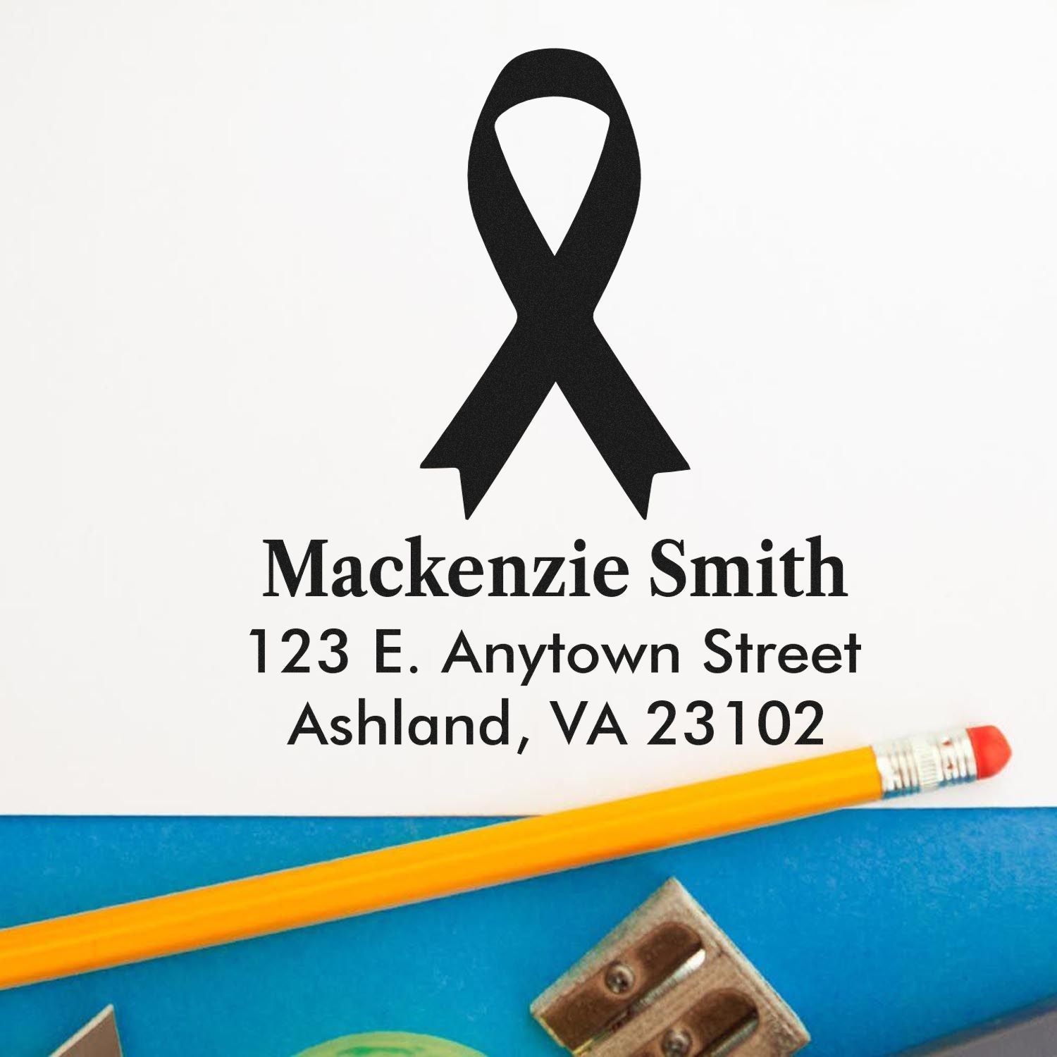 Custom awareness ribbon rubber stamp with return address for Mackenzie Smith, Ashland, VA 23102.