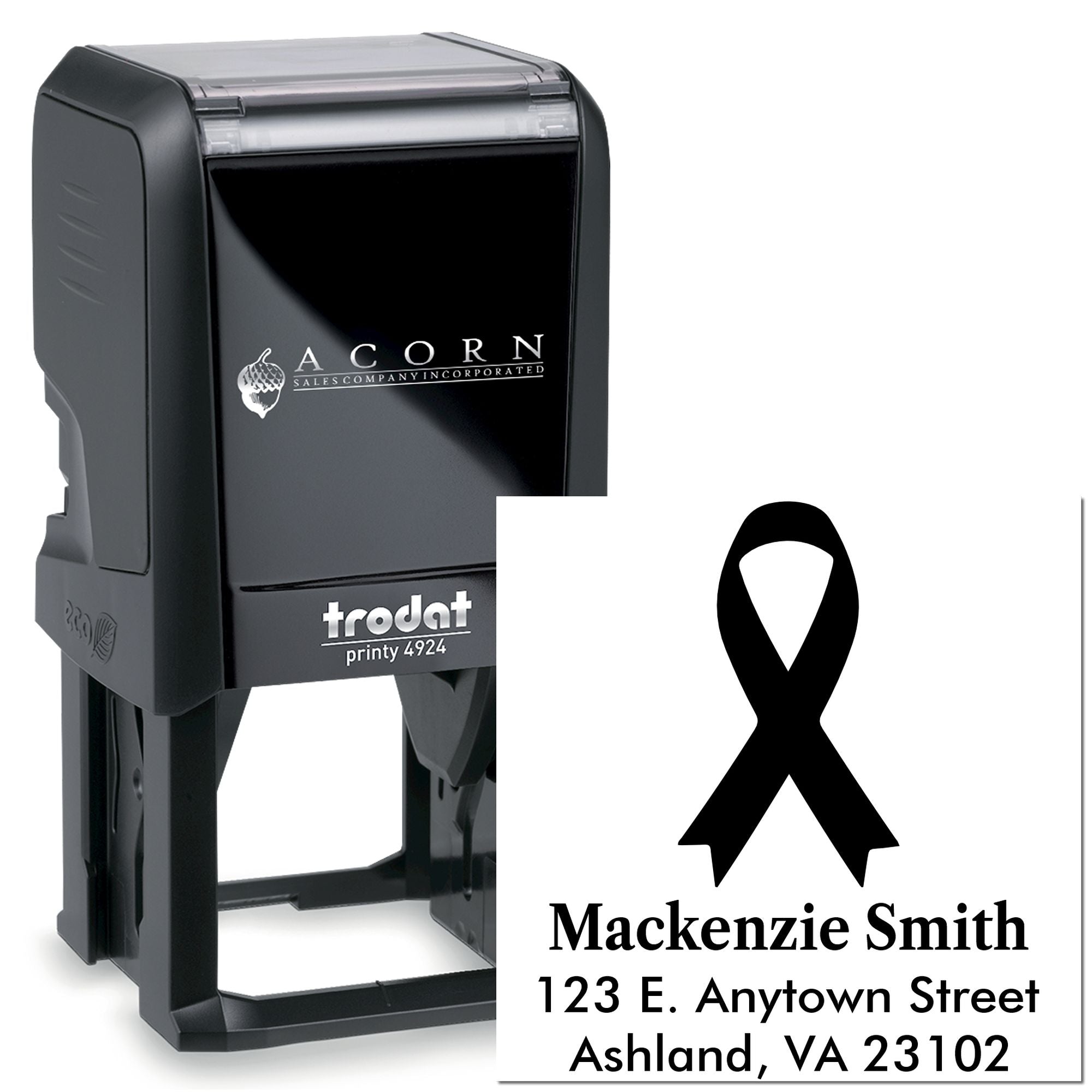 Custom self-inking rubber stamp, Trodat Printy 4924, with black awareness ribbon and address imprint for personalized mailing.
