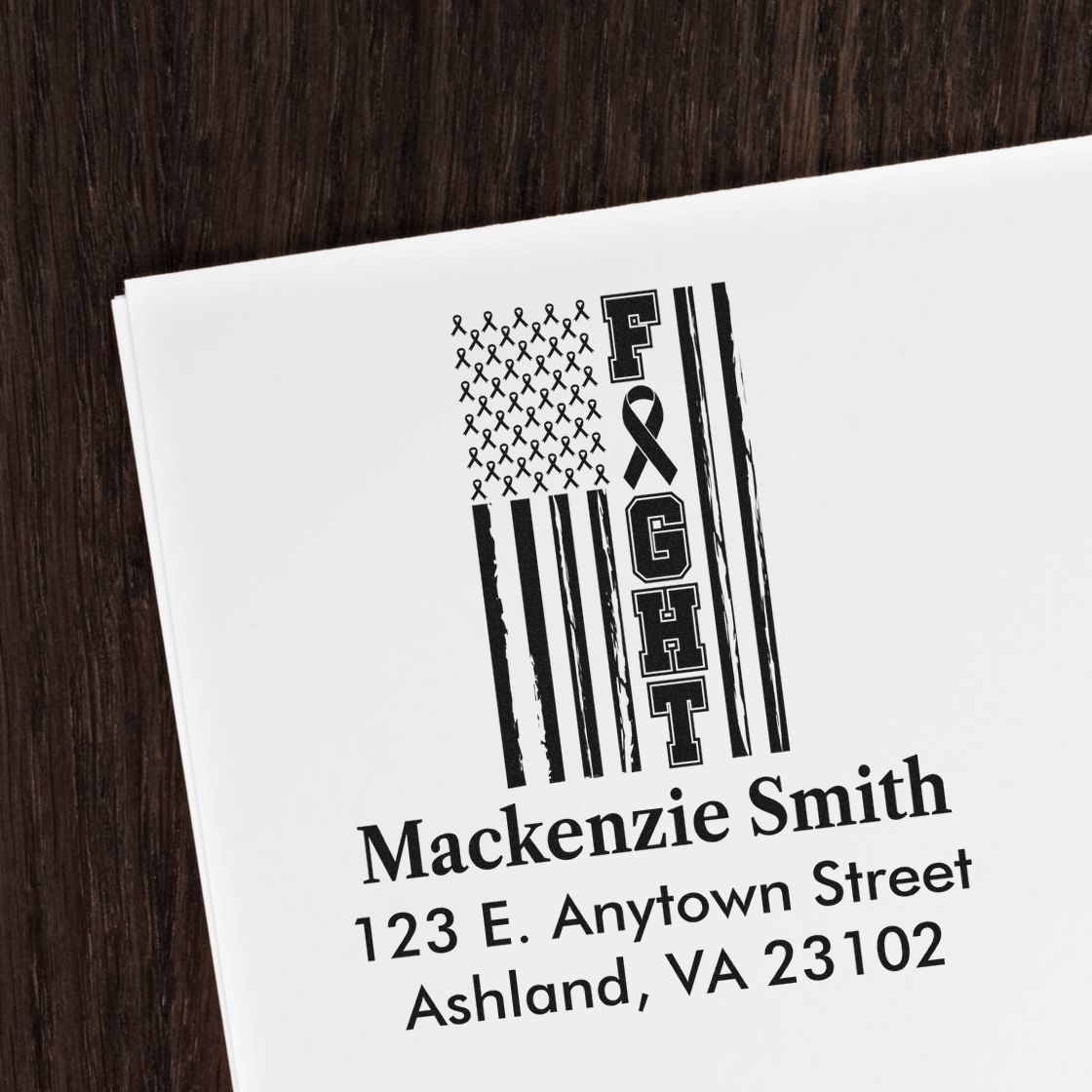 Custom address rubber stamp with awareness ribbon flag design for personalized stationery, cards, and return mailing.