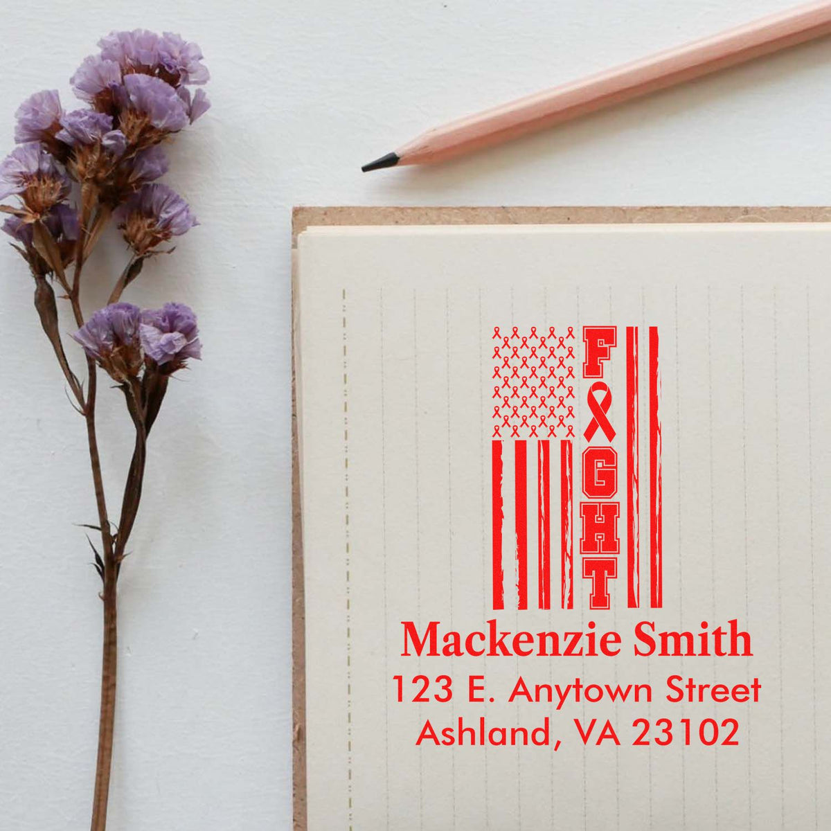 Custom breast cancer awareness address rubber stamp with patriotic Fight ribbon design for cards and envelopes.