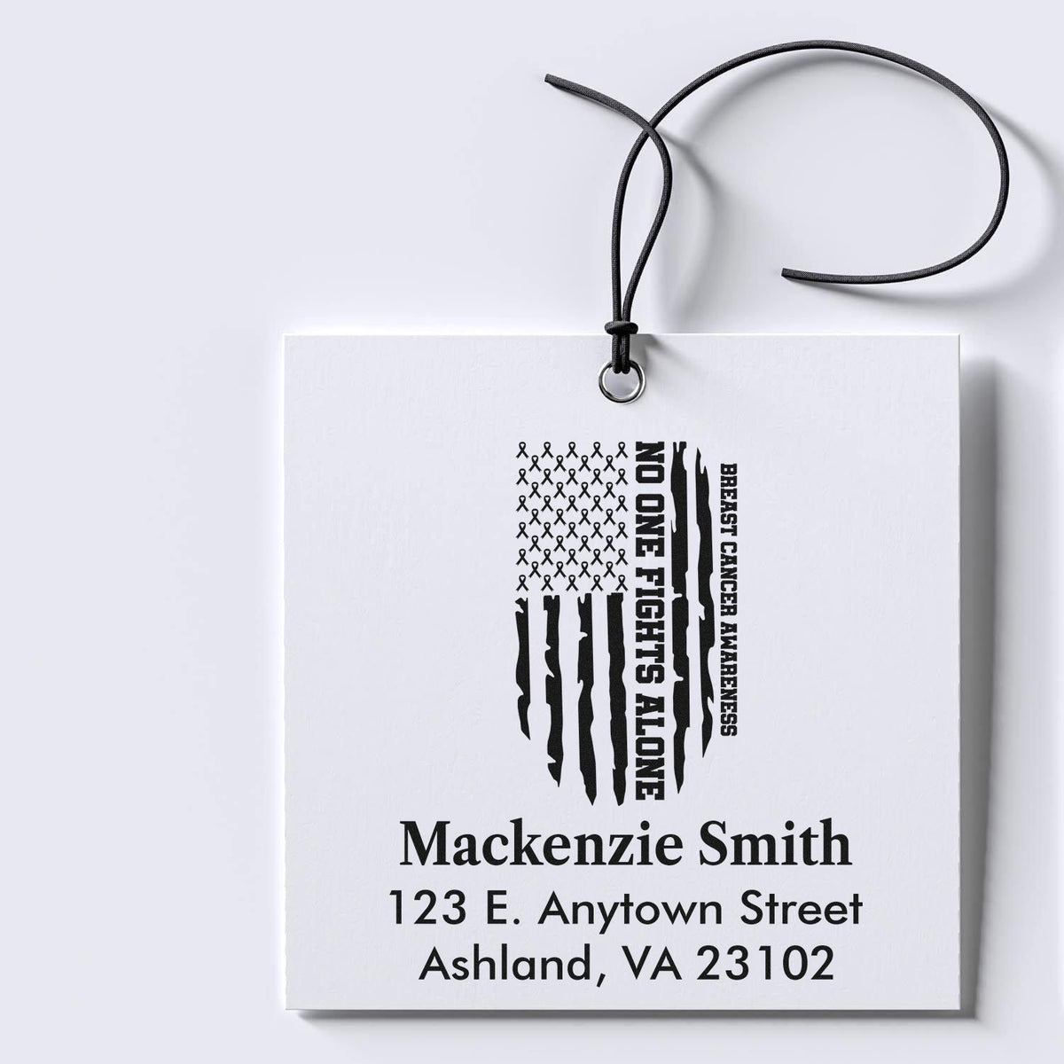 Custom breast cancer awareness rubber stamp featuring a ribbon flag design, personalized name, and address for stationery or gift tags