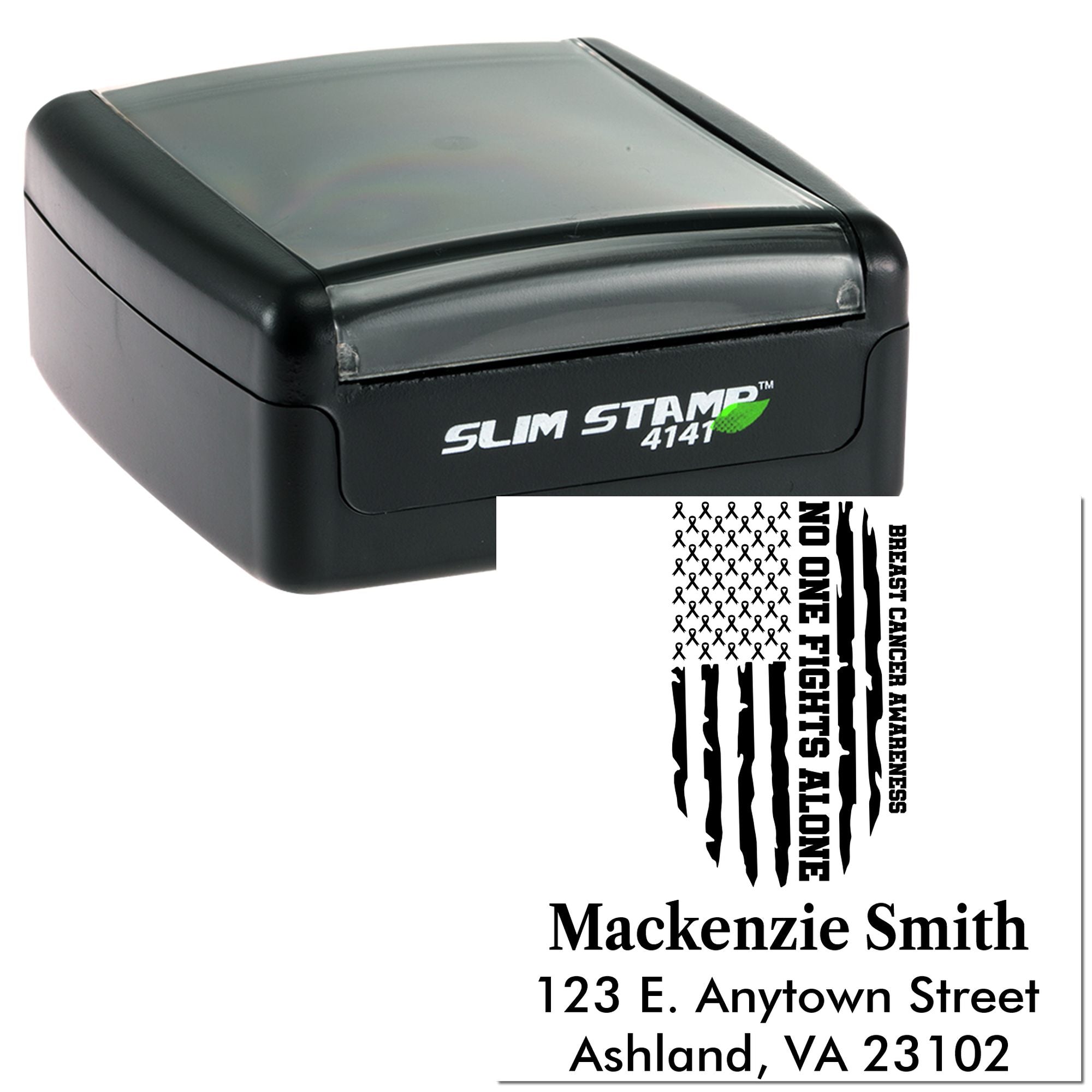 Custom self-inking rubber stamp for breast cancer awareness mailings, featuring ribbon art and return address for Mackenzie Smith.