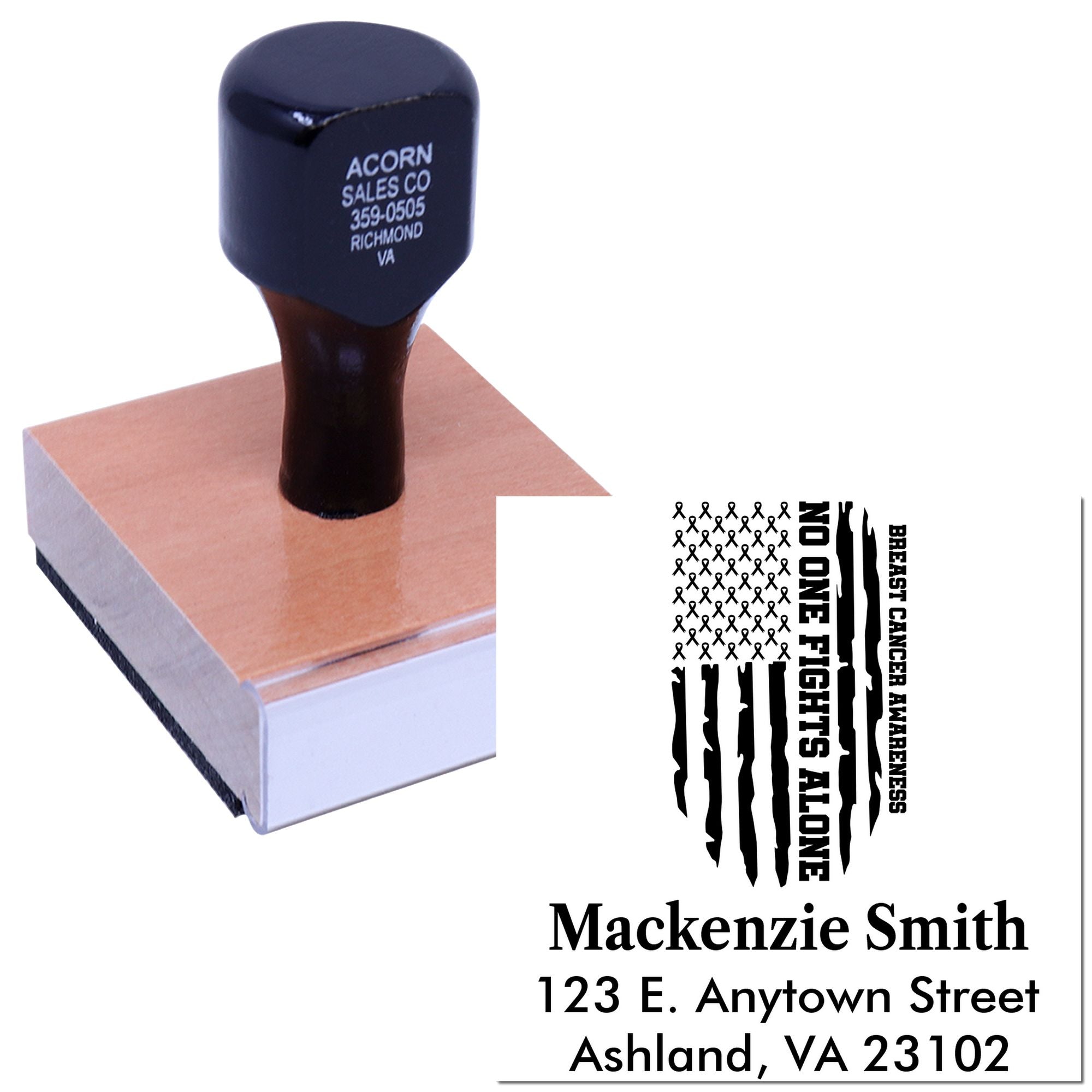 Custom breast cancer awareness rubber stamp with No One Fights Alone and Mackenzie Smith return address.