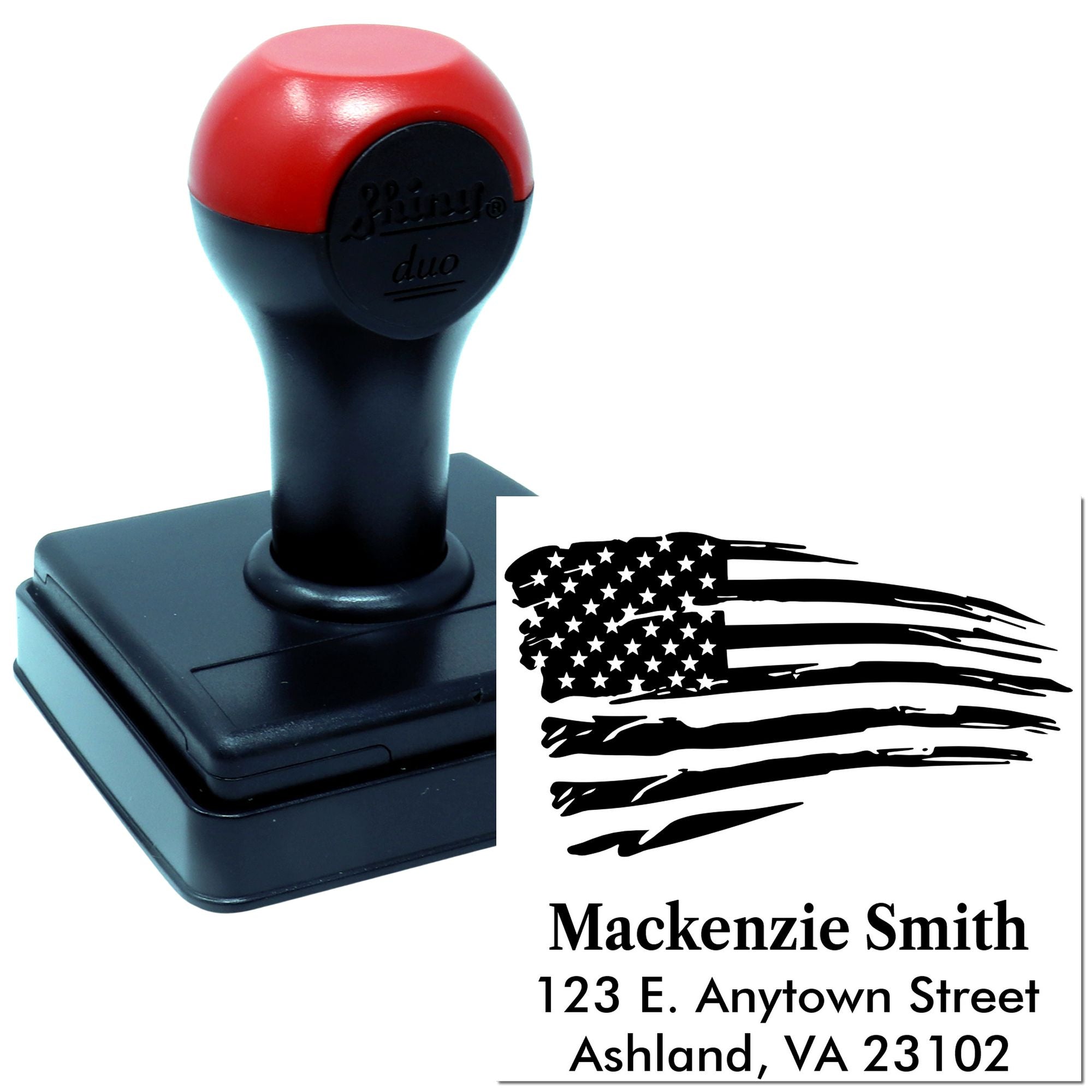 Custom self-inking rubber address stamp with patriotic American flag design for return addresses and envelopes.