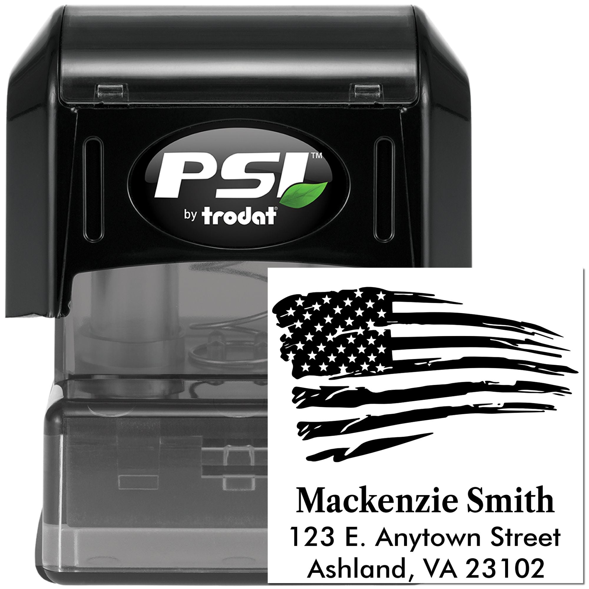 PSI by Trodat custom self-inking rubber address stamp with distressed American flag and return address design.
