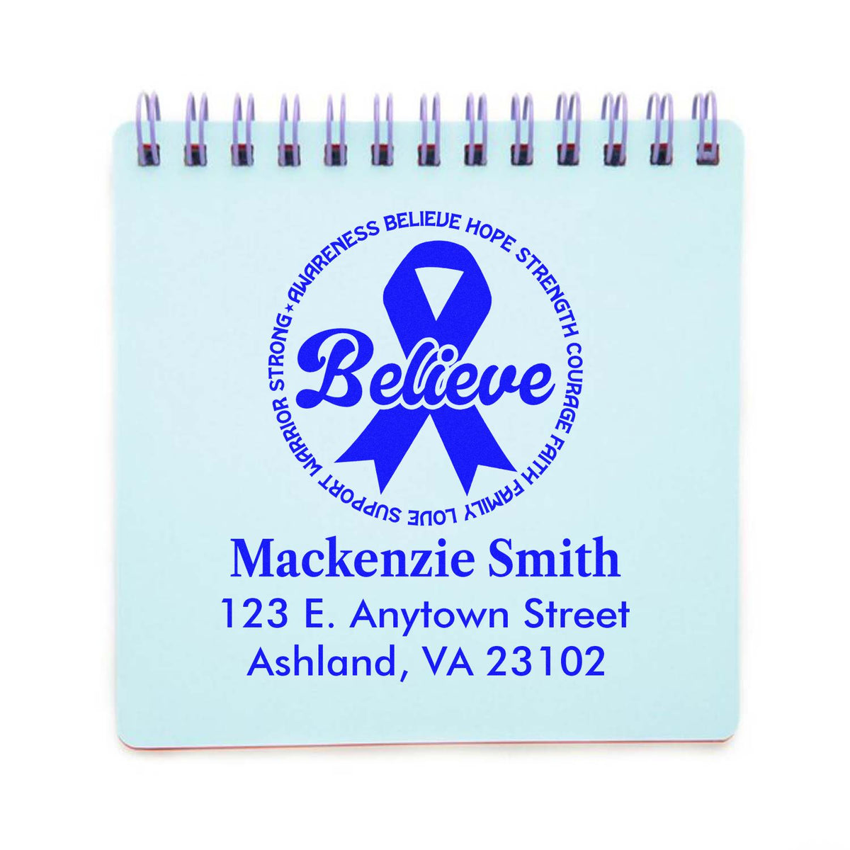 Personalized rubber stamp design with blue awareness ribbon, Believe message, and return address for custom stationery.