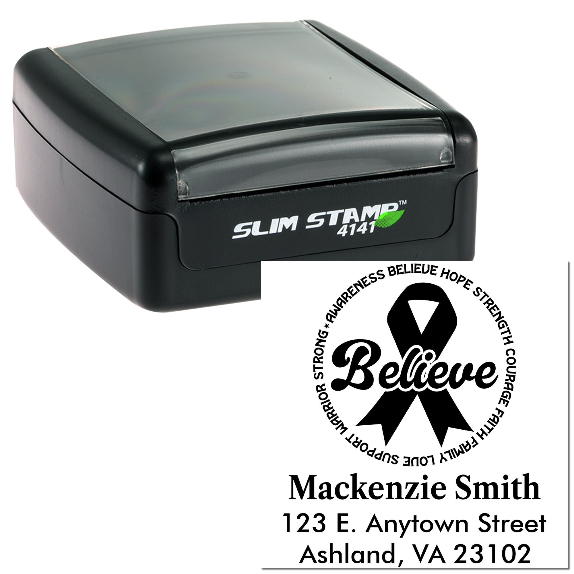 Custom self-inking rubber stamp with awareness ribbon and personalized name/address for advocacy mailers.