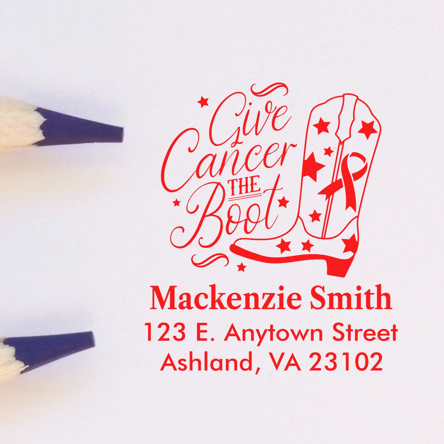 Custom rubber stamp proof with Give Cancer the Boot boot ribbon design and personalized name and address for cancer awareness.