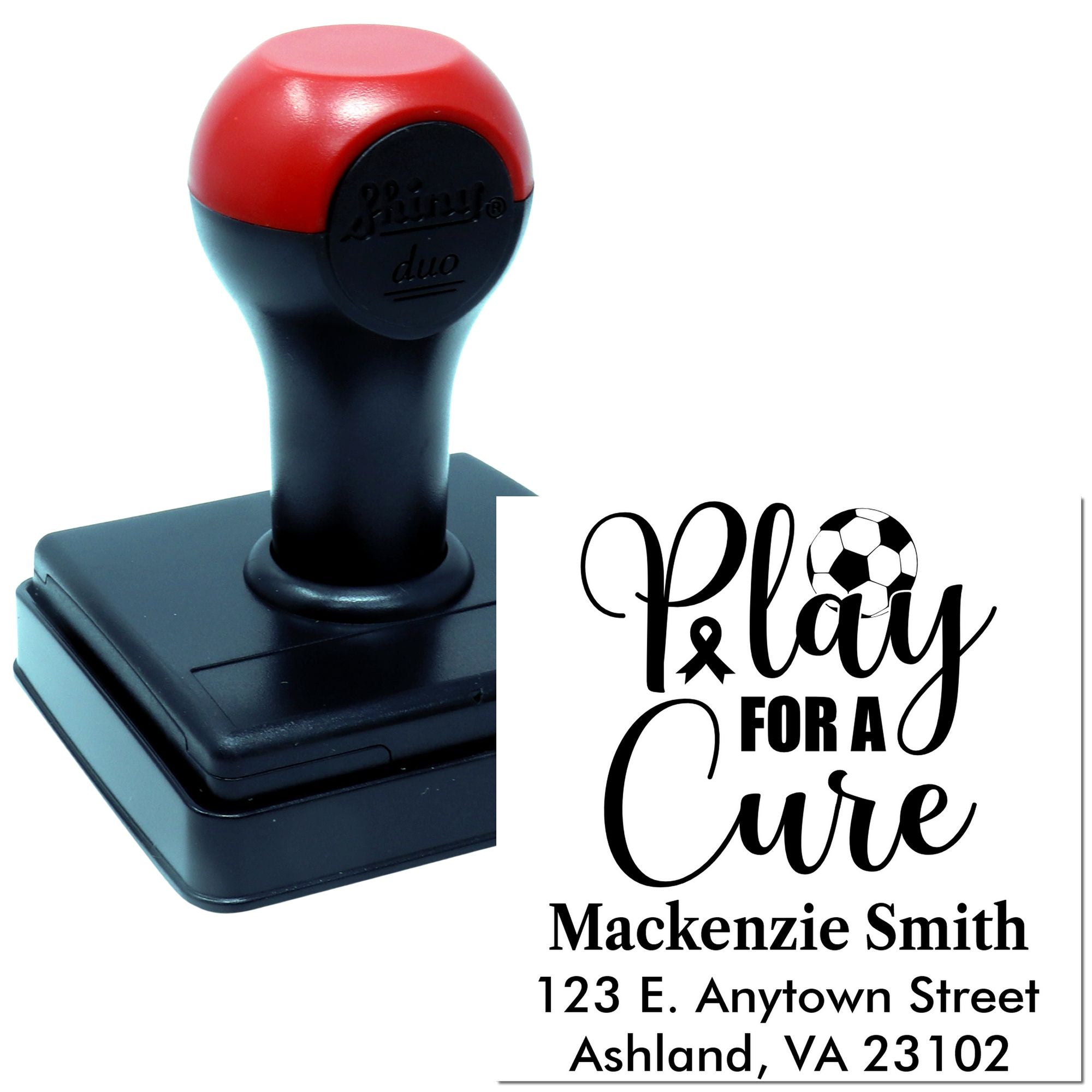 Custom self-inking rubber stamp for breast cancer awareness with Play for a Cure soccer design and return address.