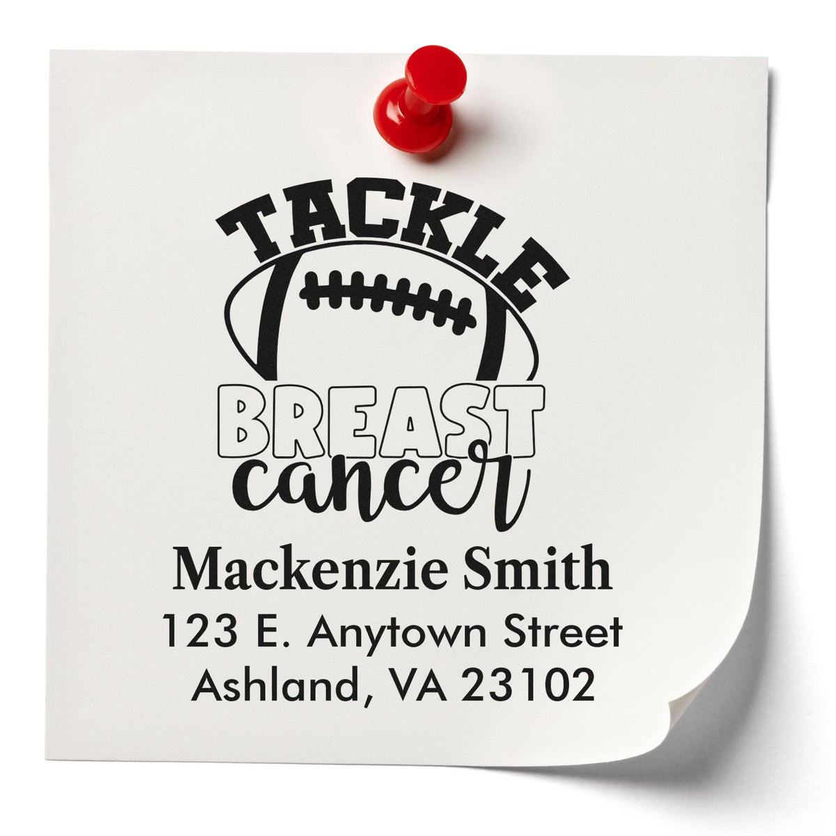 Personalized tackle breast cancer rubber stamp with football graphic, name, and return address for custom mailing labels.