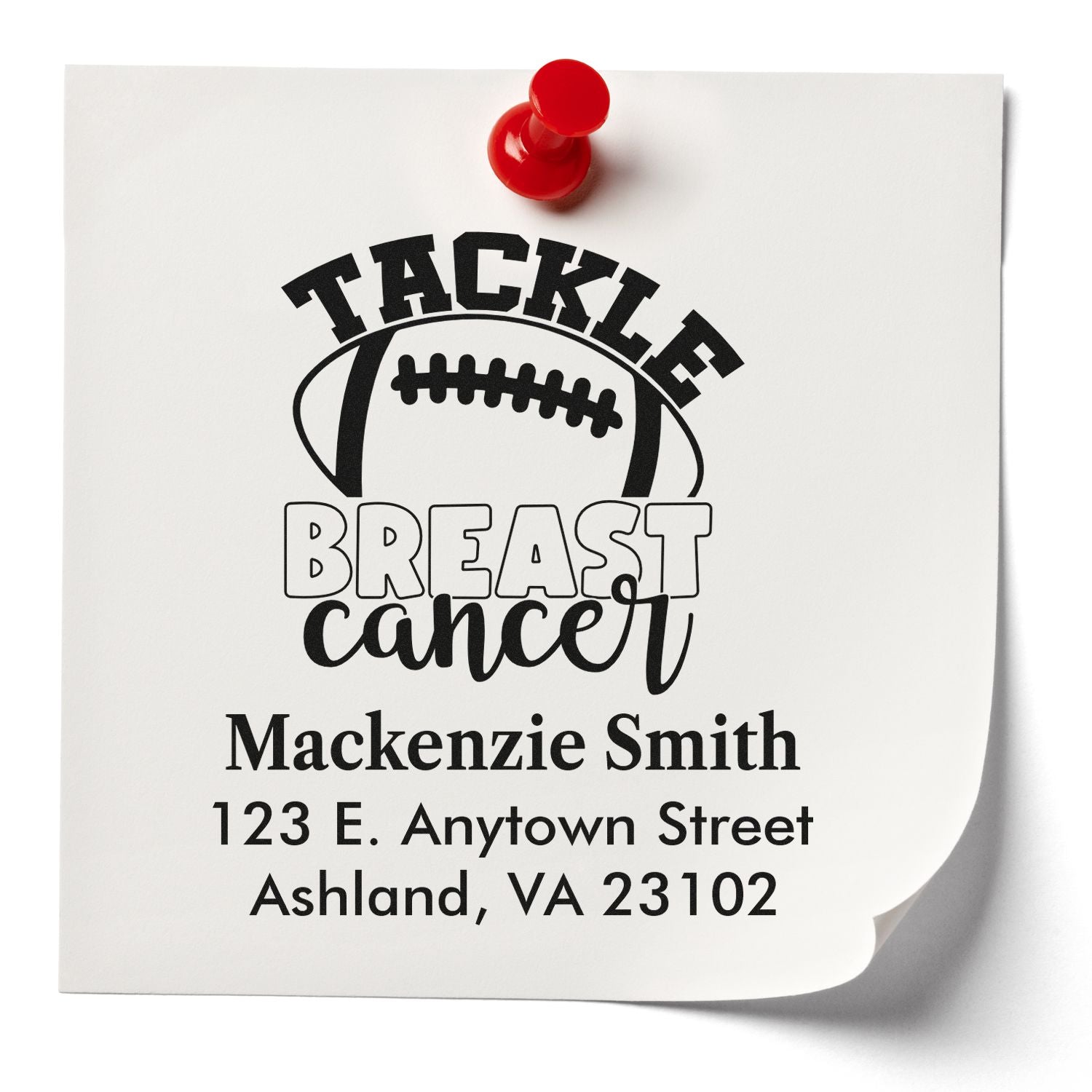 Custom breast cancer awareness return address rubber stamp with football design, personalized name and address