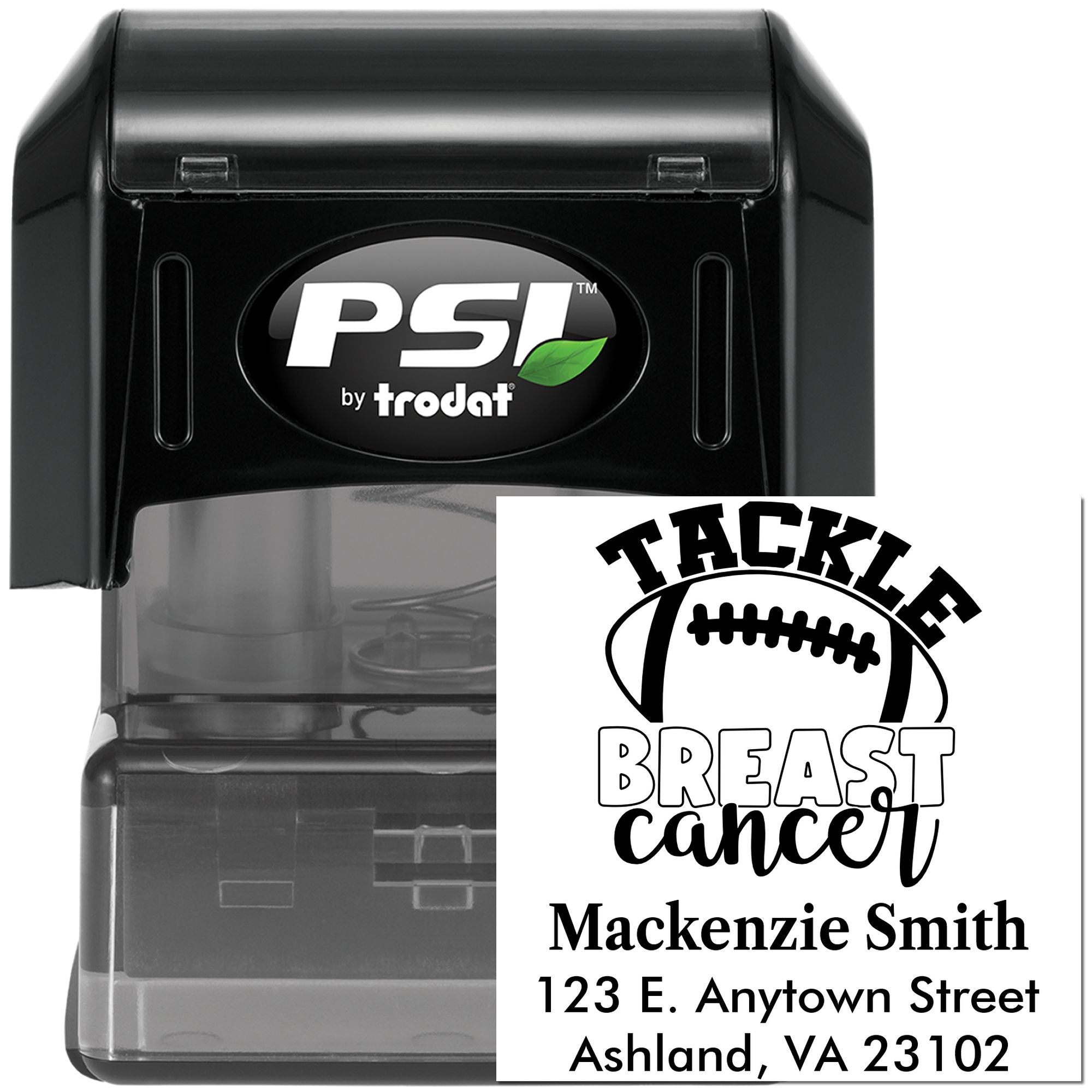 PSI by Trodat self-inking rubber stamp with custom football breast cancer return address design.