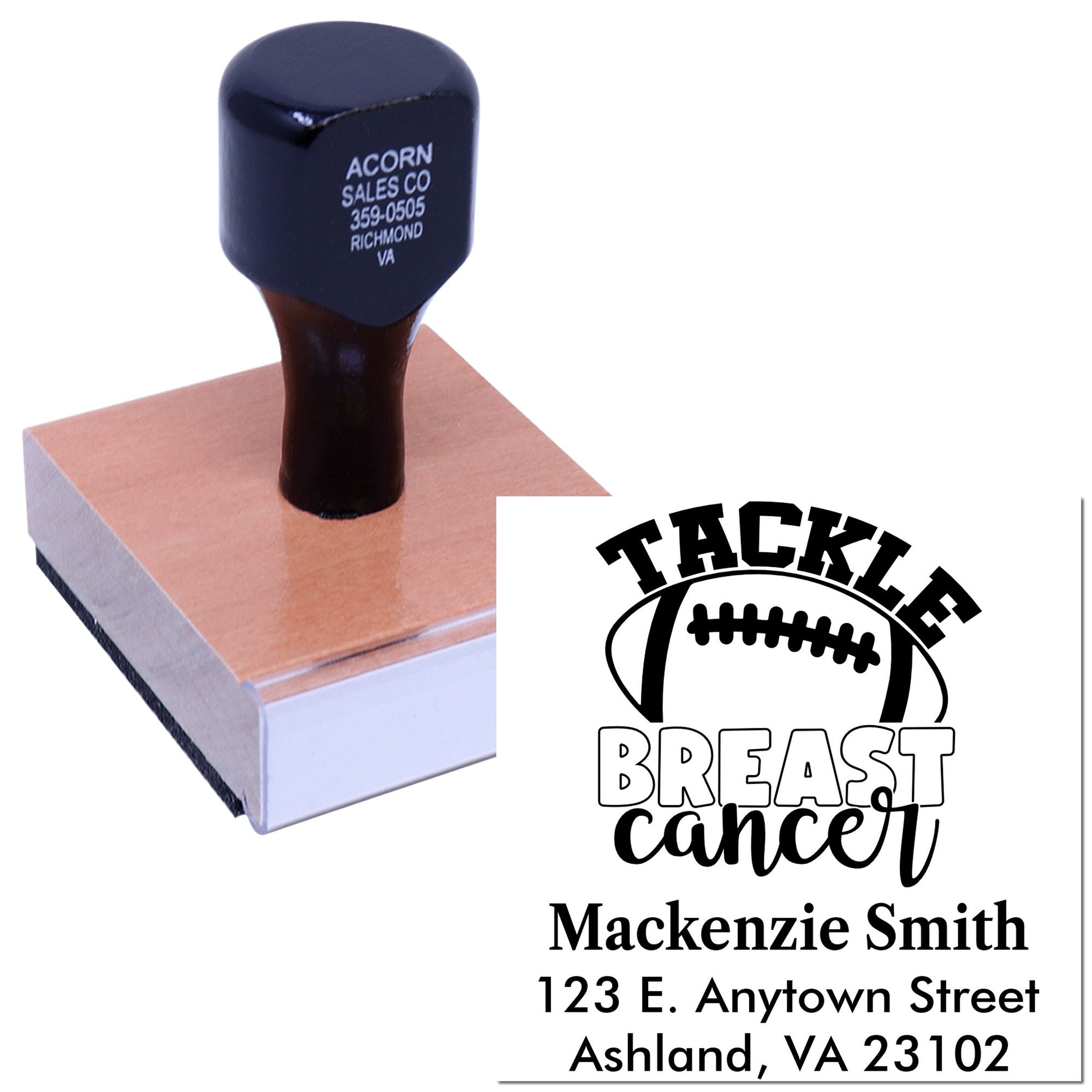 Custom rubber stamp with Tackle Breast Cancer football design and personalized name and address imprint