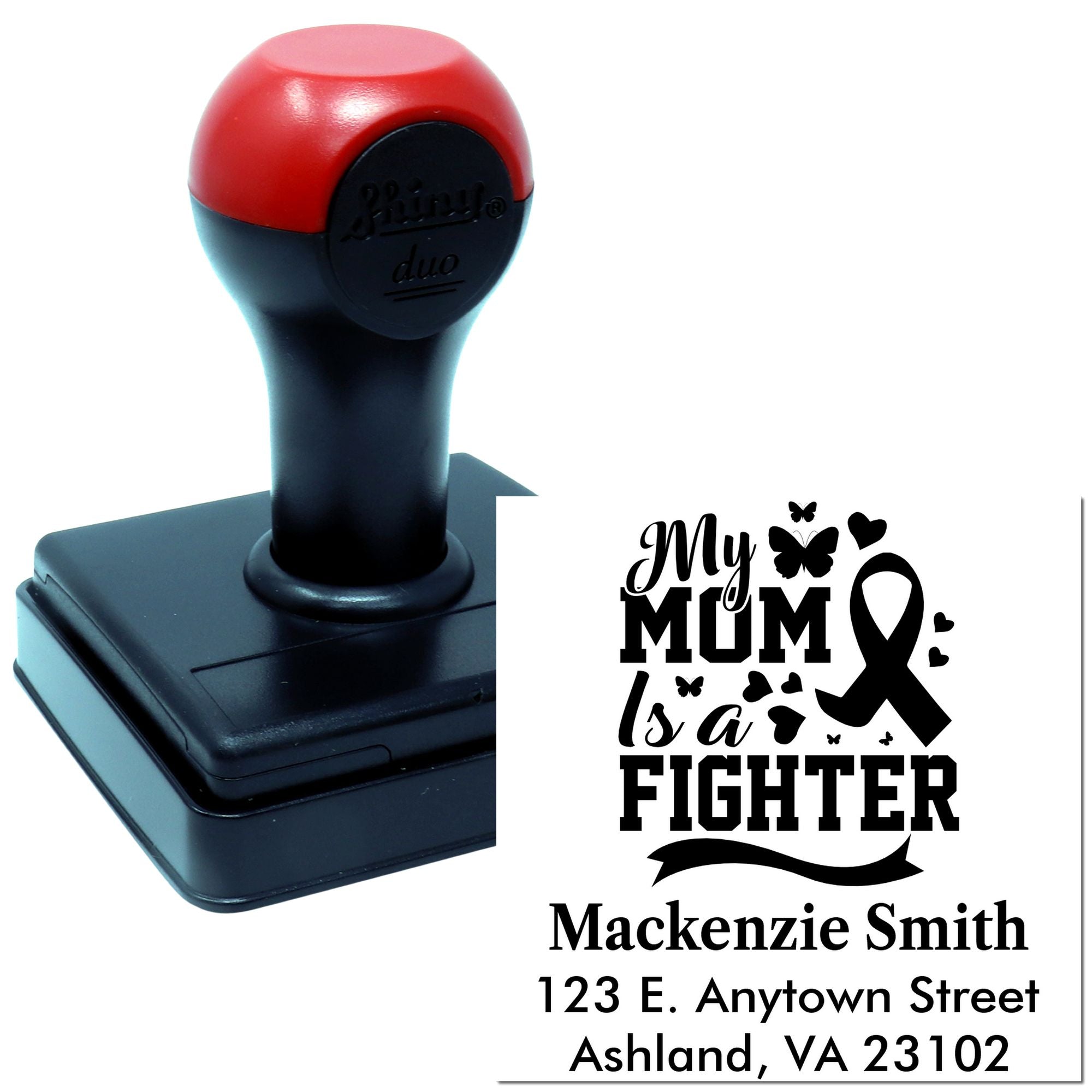 Custom personalized rubber stamp for breast cancer awareness, featuring My Mom Is a Fighter and address details.