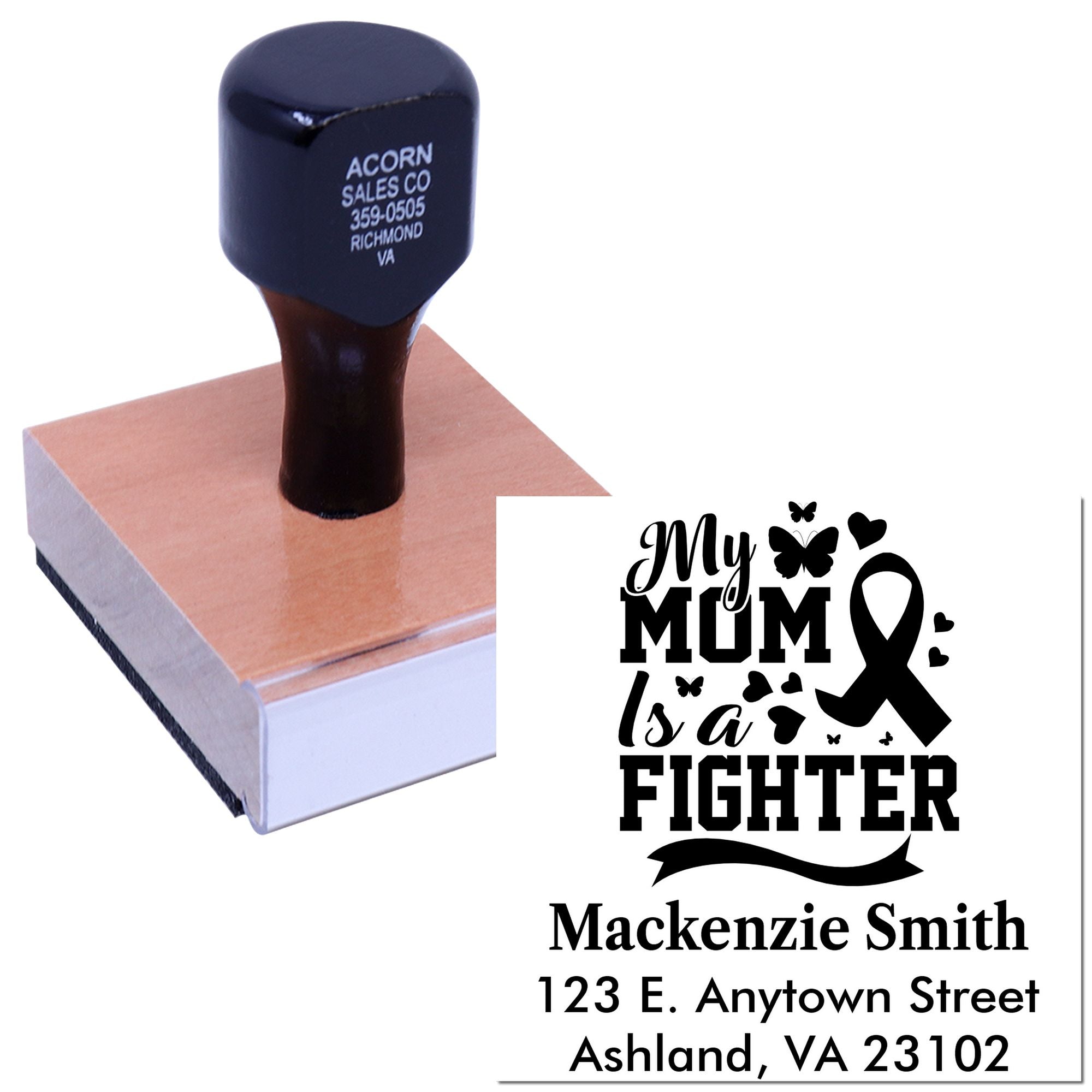 Personalized wood handle rubber stamp with My Mom Is a Fighter breast cancer awareness design and address.