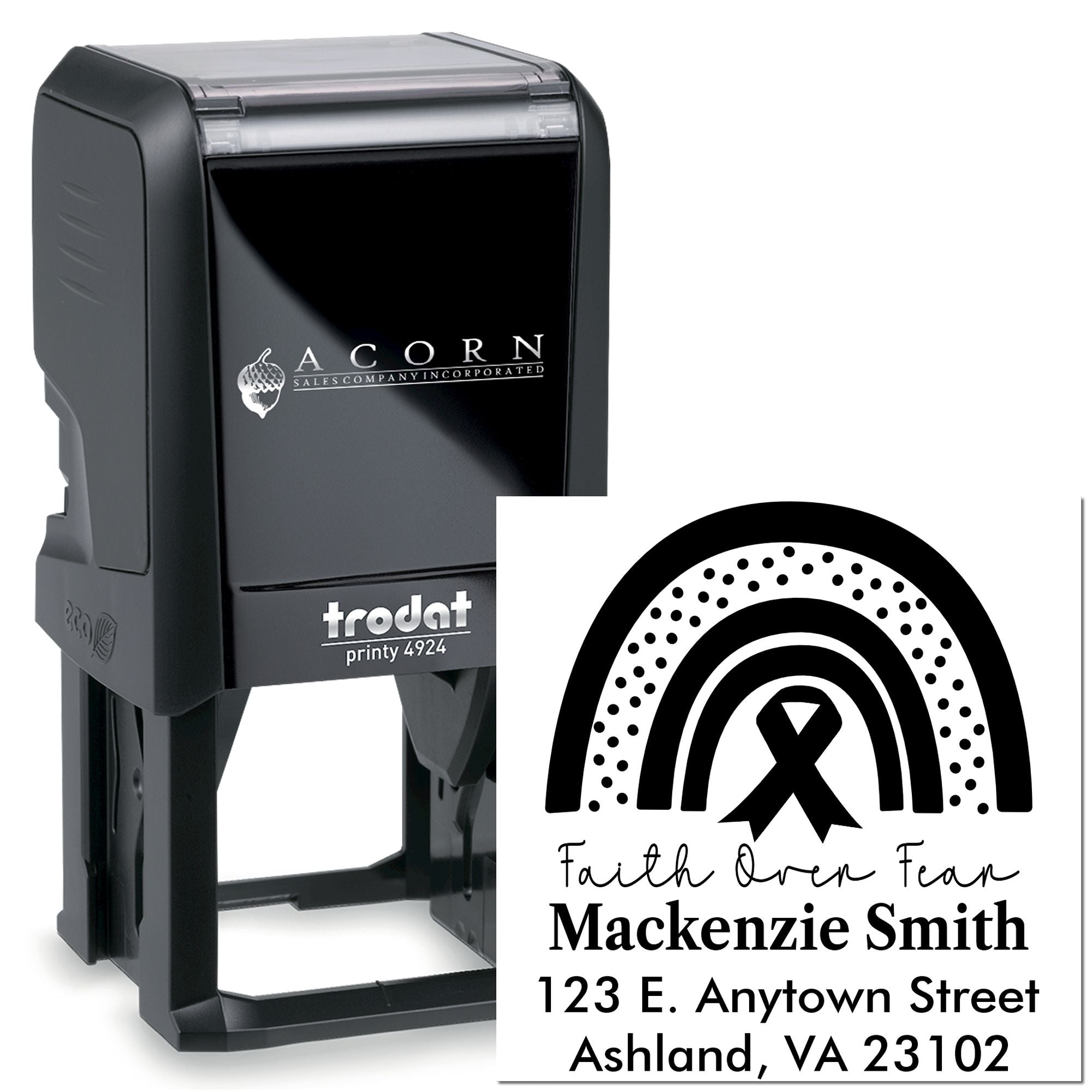 Custom self-inking rubber address stamp featuring a Faith Over Fear design and Mackenzie Smith mailing details for envelopes.