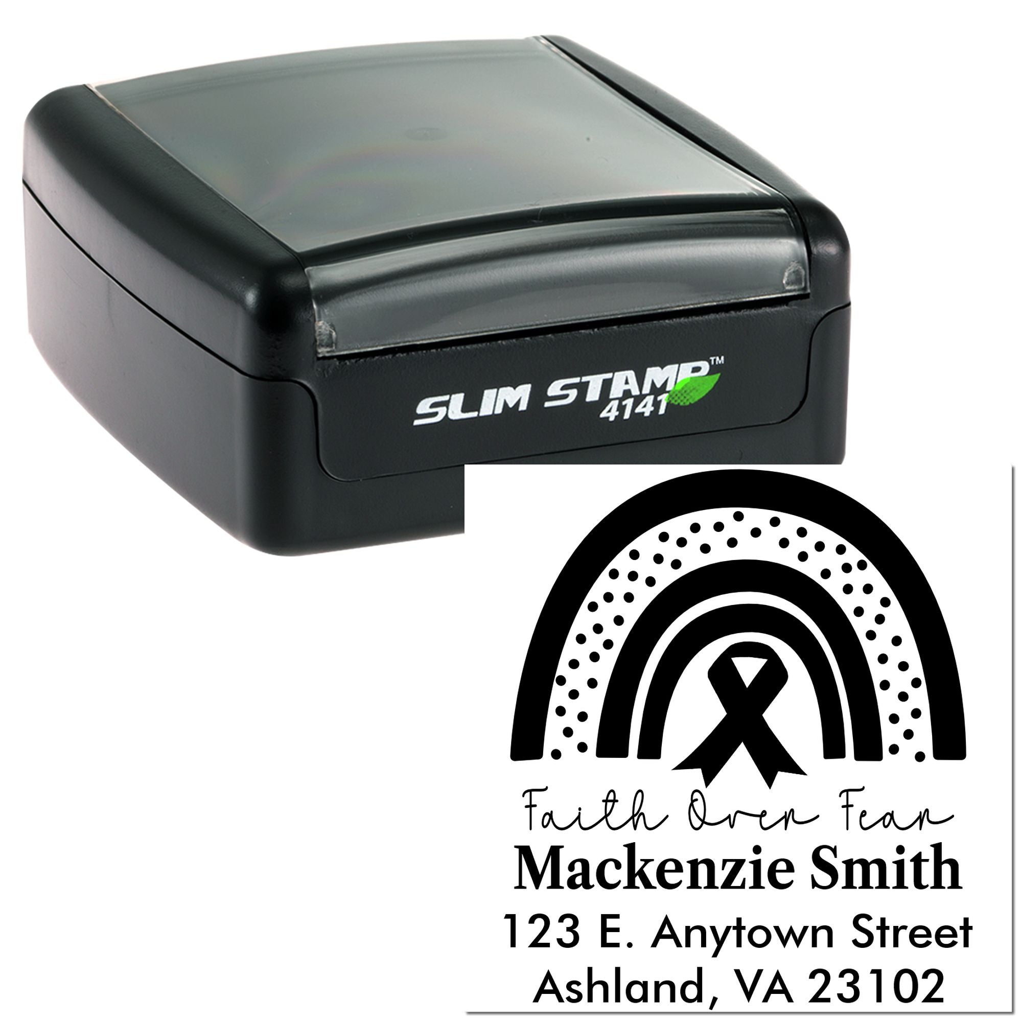 Custom self-inking rubber address stamp with Faith Over Fear design, Mackenzie Smith name, and address.