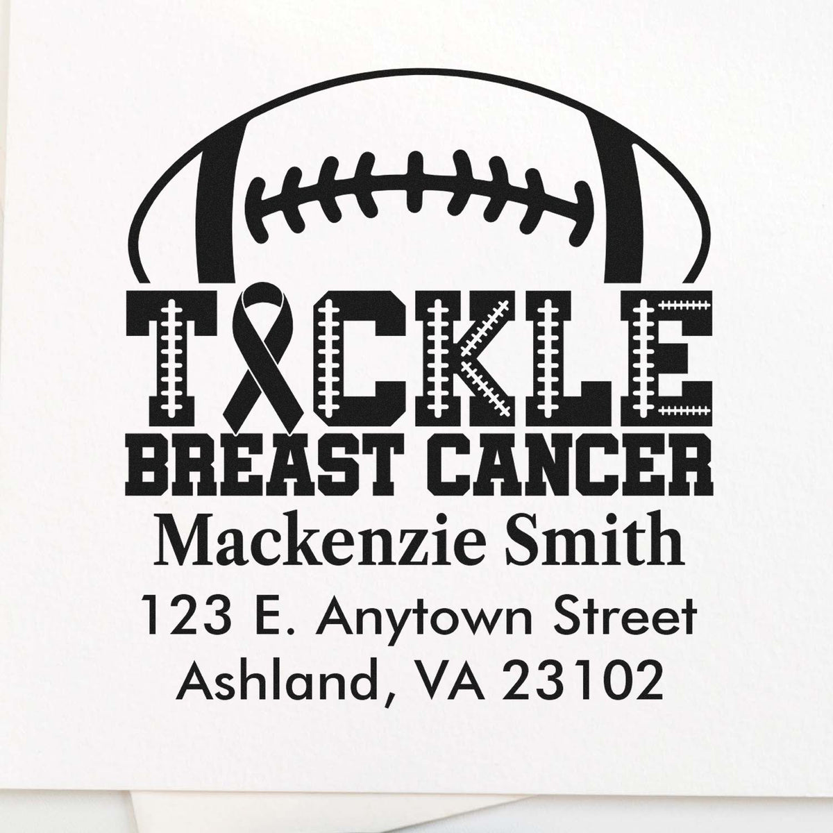 Personalized football breast cancer awareness rubber stamp with Tackle Breast Cancer design, name, and address