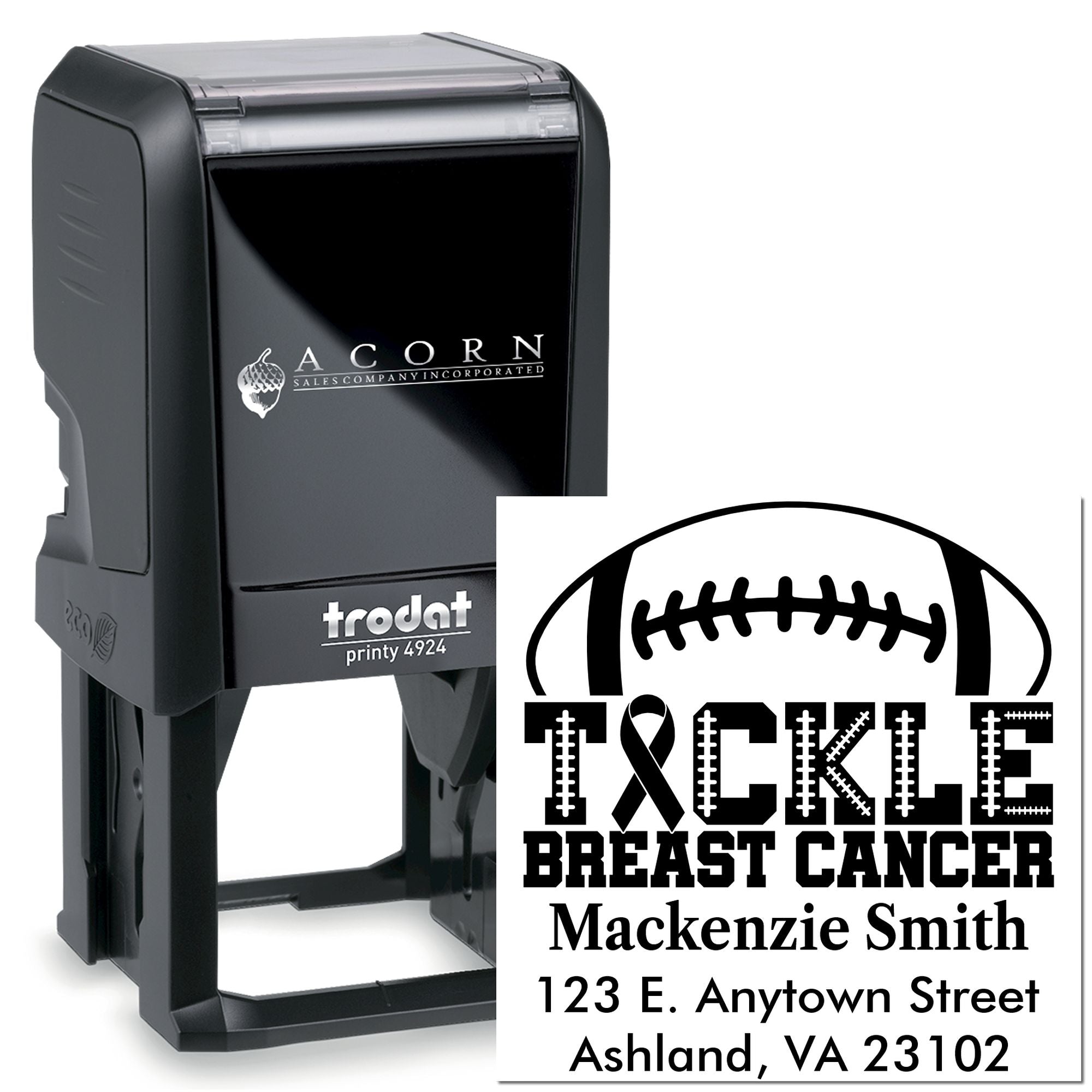 Custom Trodat Printy 4924 self-inking rubber stamp with breast cancer awareness football design and address imprint.