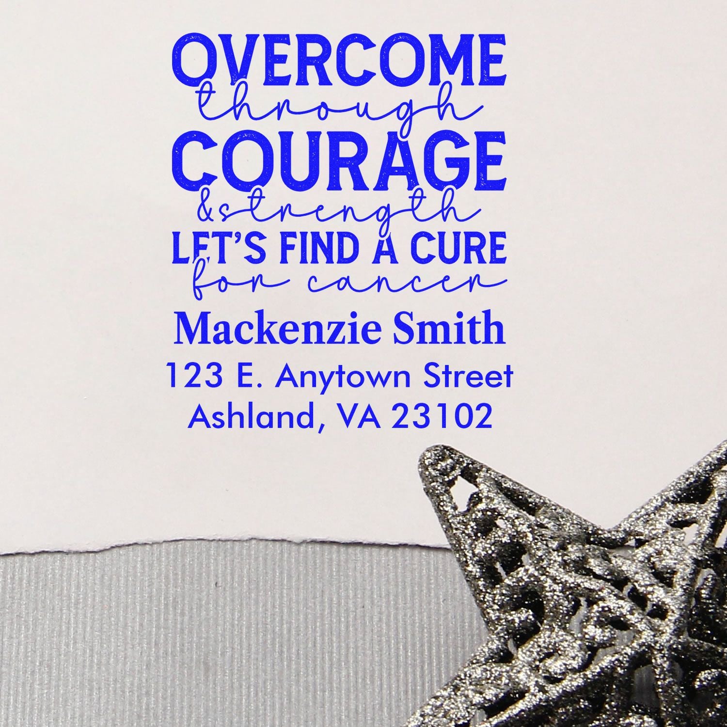 Custom cancer awareness rubber stamp promoting Overcome through courage & strength and Lets find a cure for cancer.