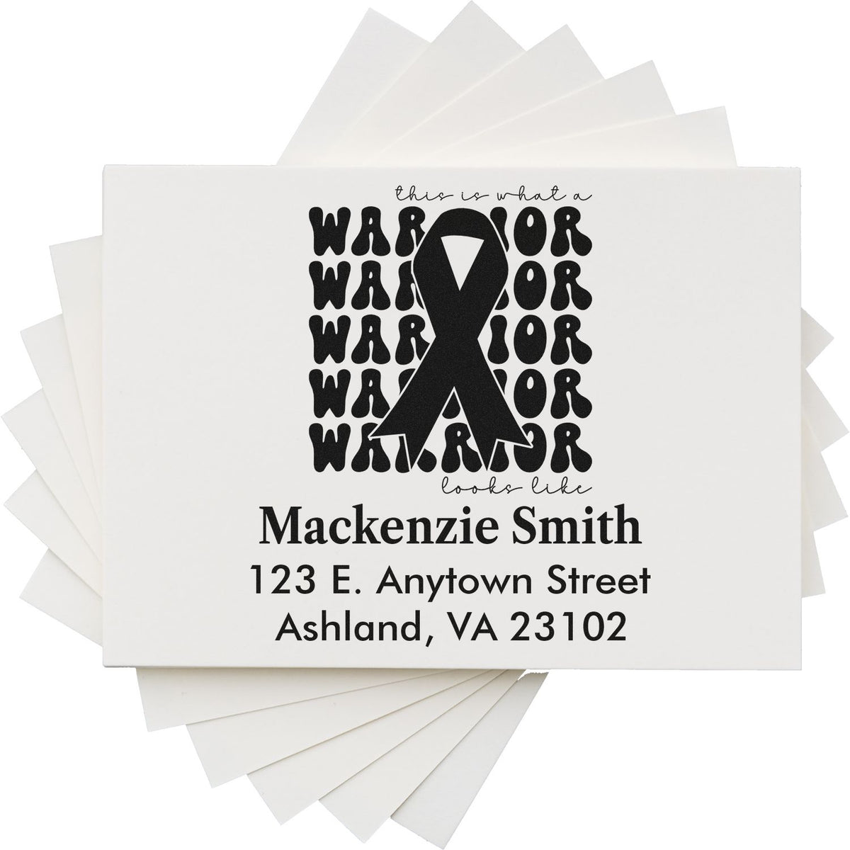 Custom warrior ribbon address rubber stamp with name and mailing address for awareness cards and envelopes.