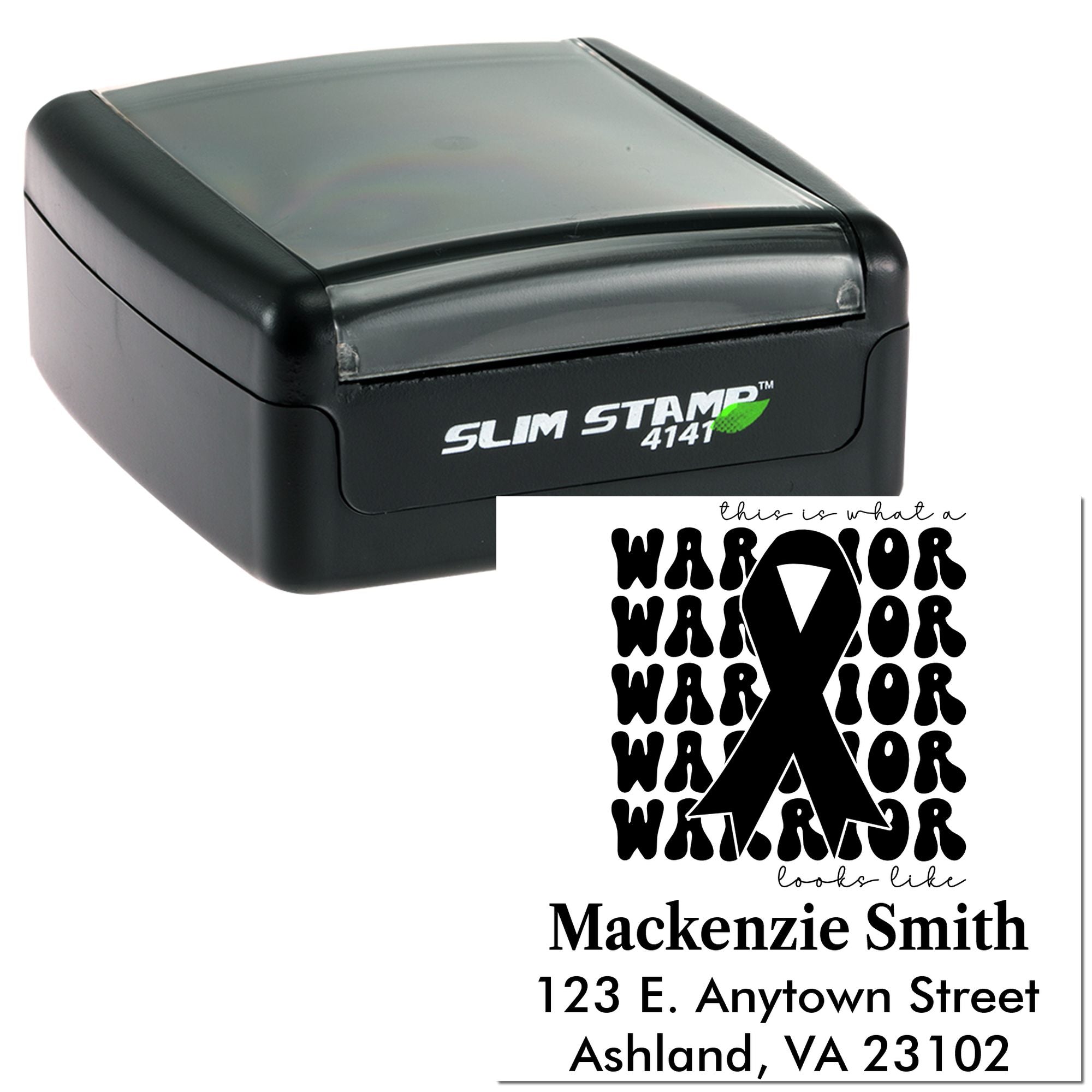 Custom self-inking rubber stamp sample with awareness ribbon design, name, and return address; Slim Stamp 4141.