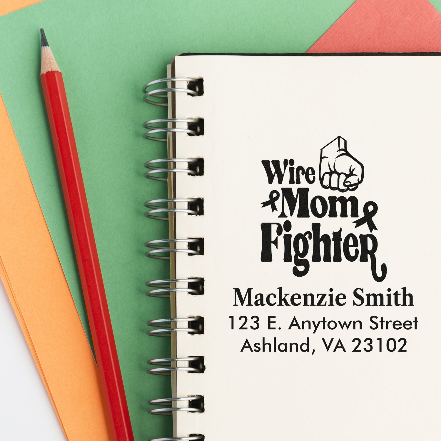 Custom Wire Mom Fighter rubber stamp with name and address for personalized stationery and breast cancer support.