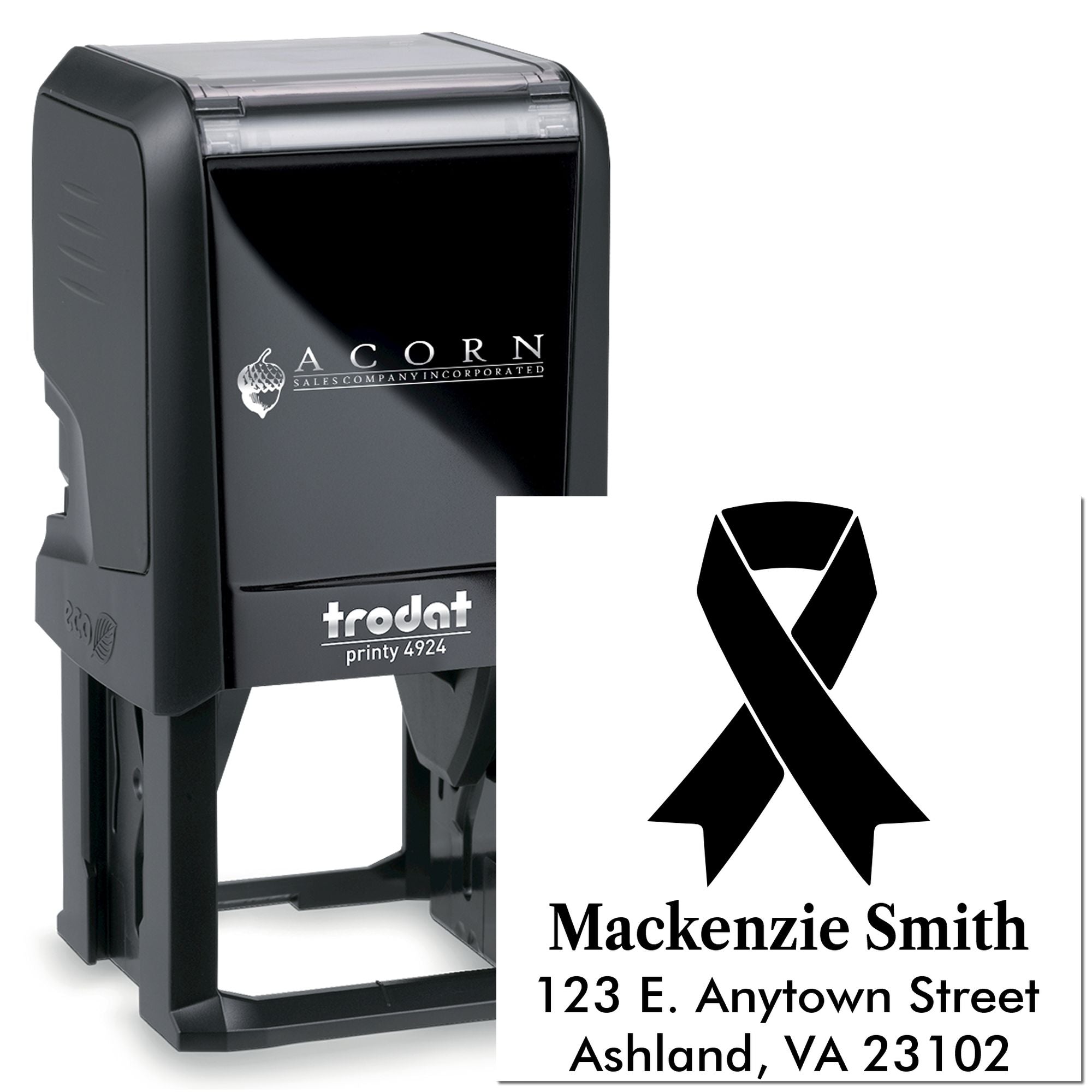Custom Trodat self-inking rubber stamp with black ribbon return address imprint for Mackenzie Smith.