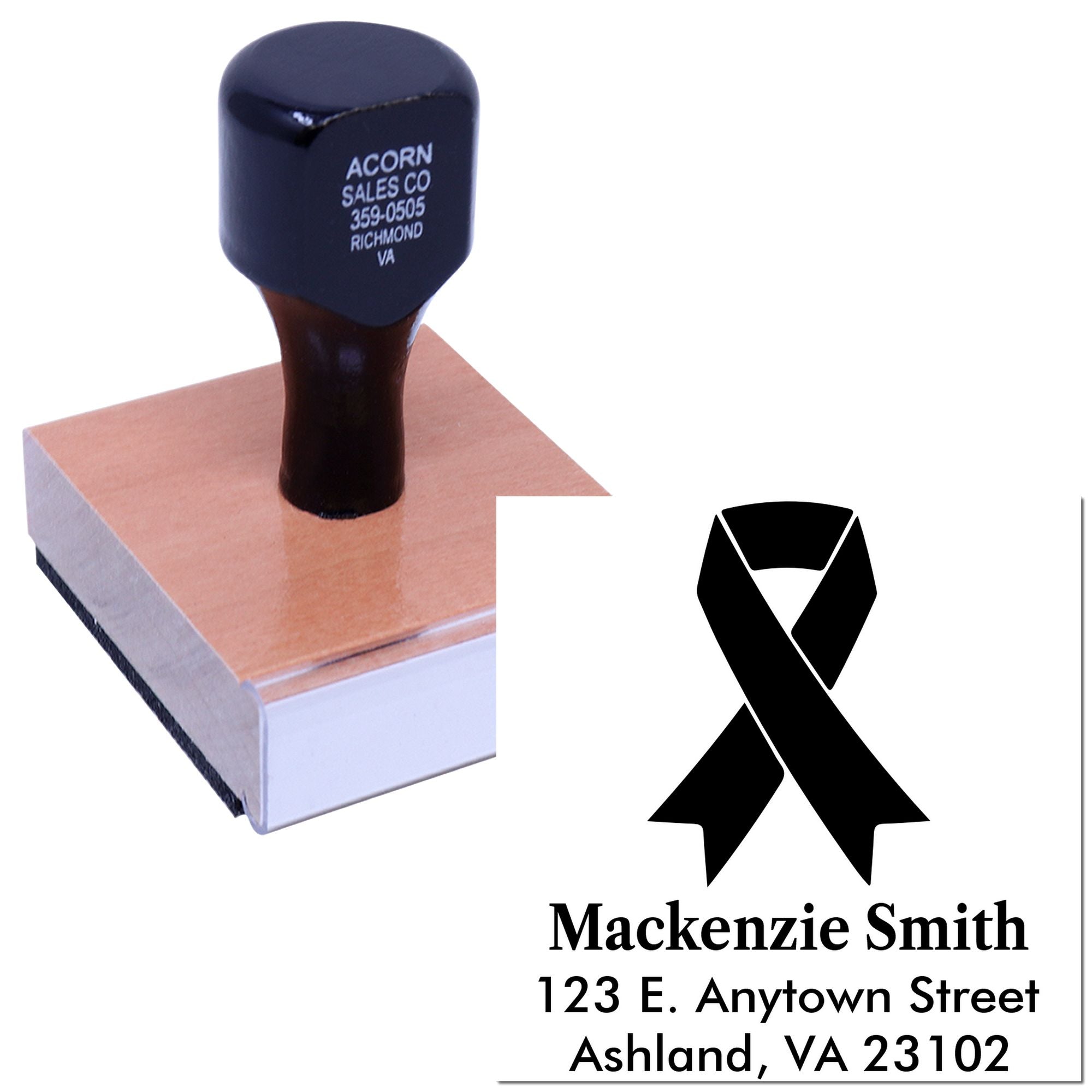 Personalized ribbon rubber stamp with name and address, ideal for awareness campaigns, memorial mailings, and stationery.