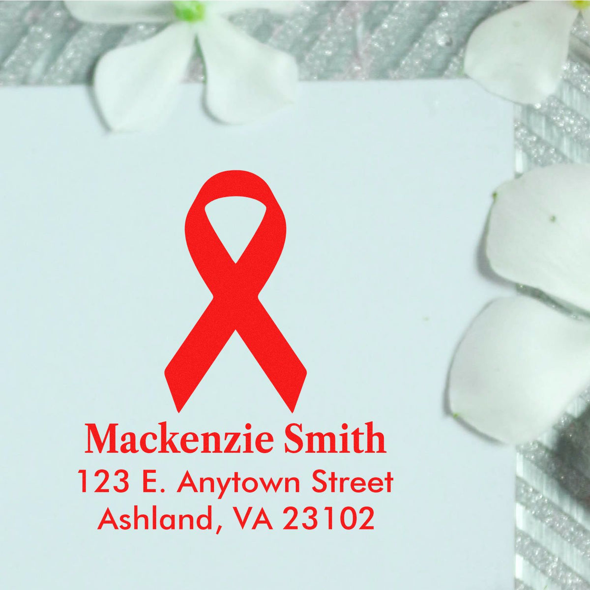 Custom red awareness ribbon rubber stamp with name and address for cancer fundraising mailings